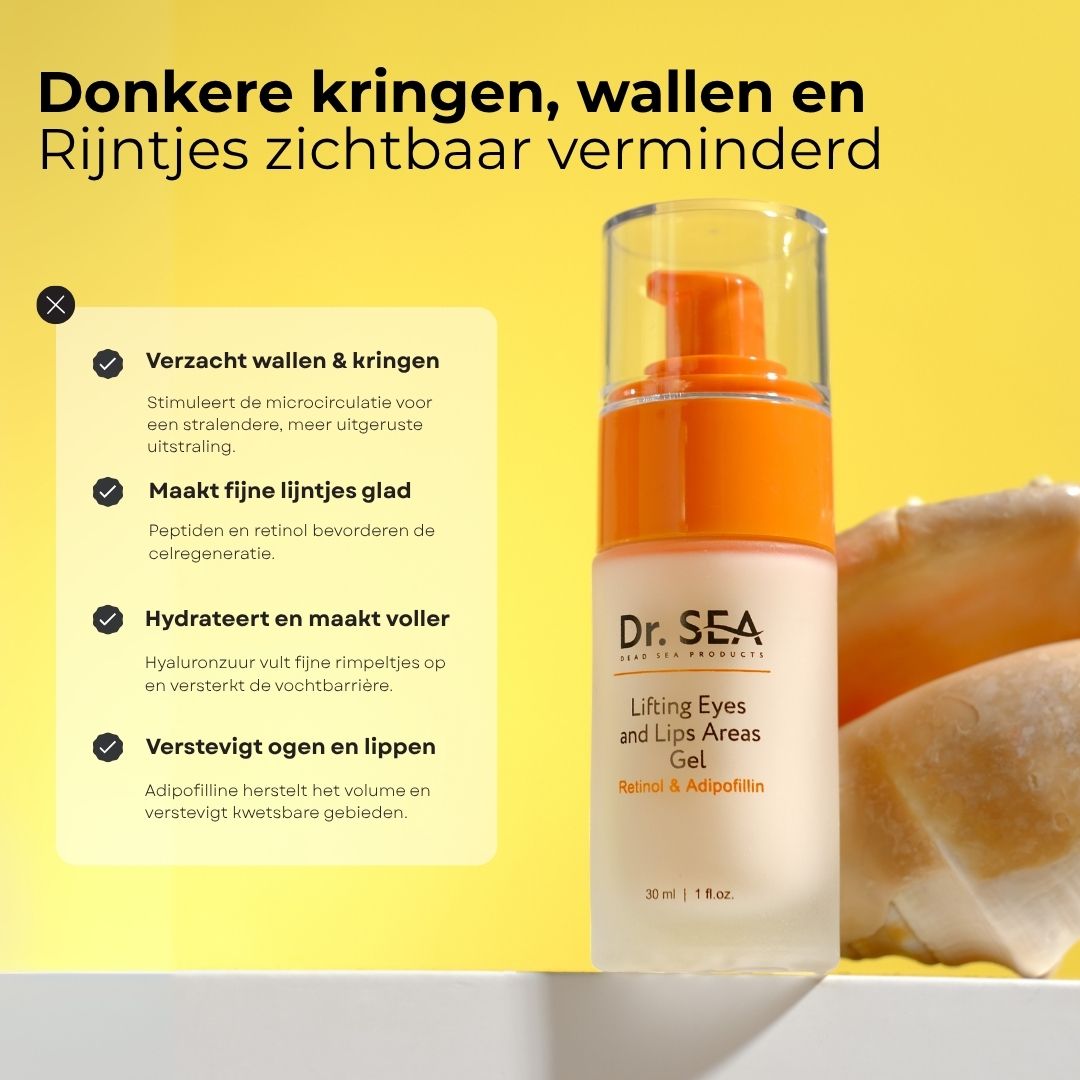 Gelfles met oranje pomp. Tekst: Dr. SEA, Lifting Eyes and Lips Areas Gel. Gel vermindert donkere kringen, wallen en rimpeltjes.