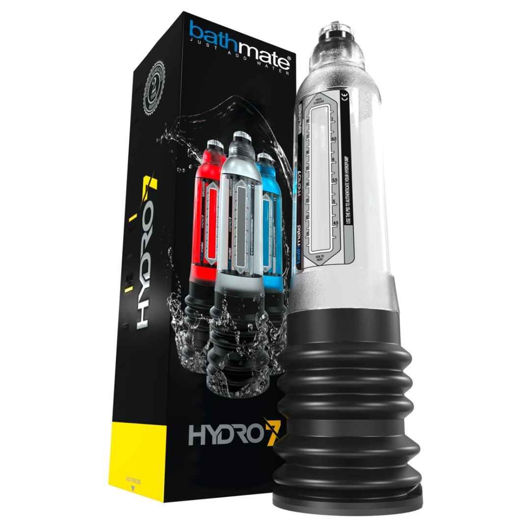 Bathmate Hydro 7 penispomp en verpakking, drie pompen op de verpakking.
