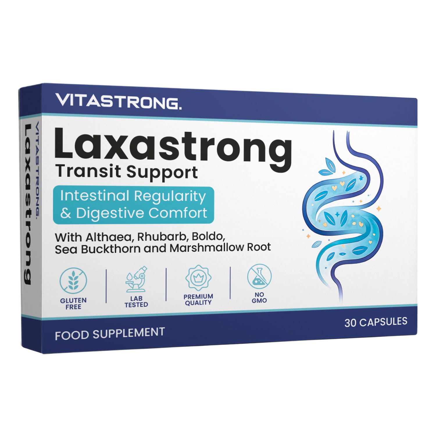 Blauwe en witte doos Laxastrong. Tekst: Intestinal Regularity & Digestive Comfort. 30 capsules. Glutenvrij, lab getest, premium kwaliteit, geen GMO.