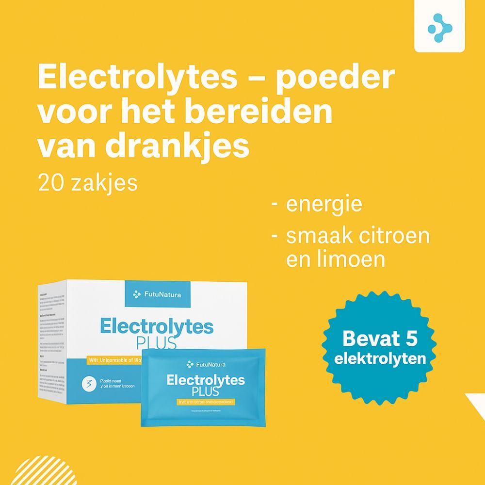 FutuNatura Electrolytes Plus. Gele achtergrond. Tekst: Elektrolyten - poeder voor het bereiden van drankjes. Energie, citroen- en limoensmaak.