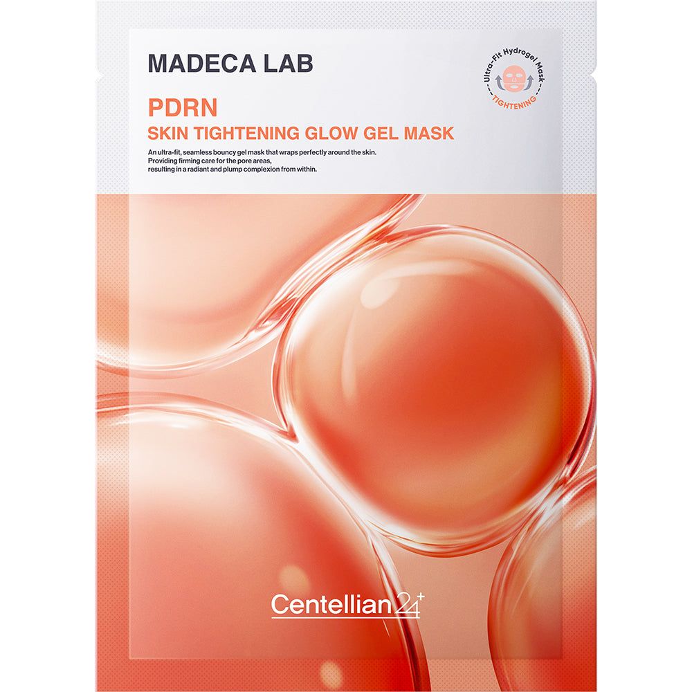 Emballage du masque gel raffermissant PDRN Madeca Lab avec un design de gouttelettes d'eau.
