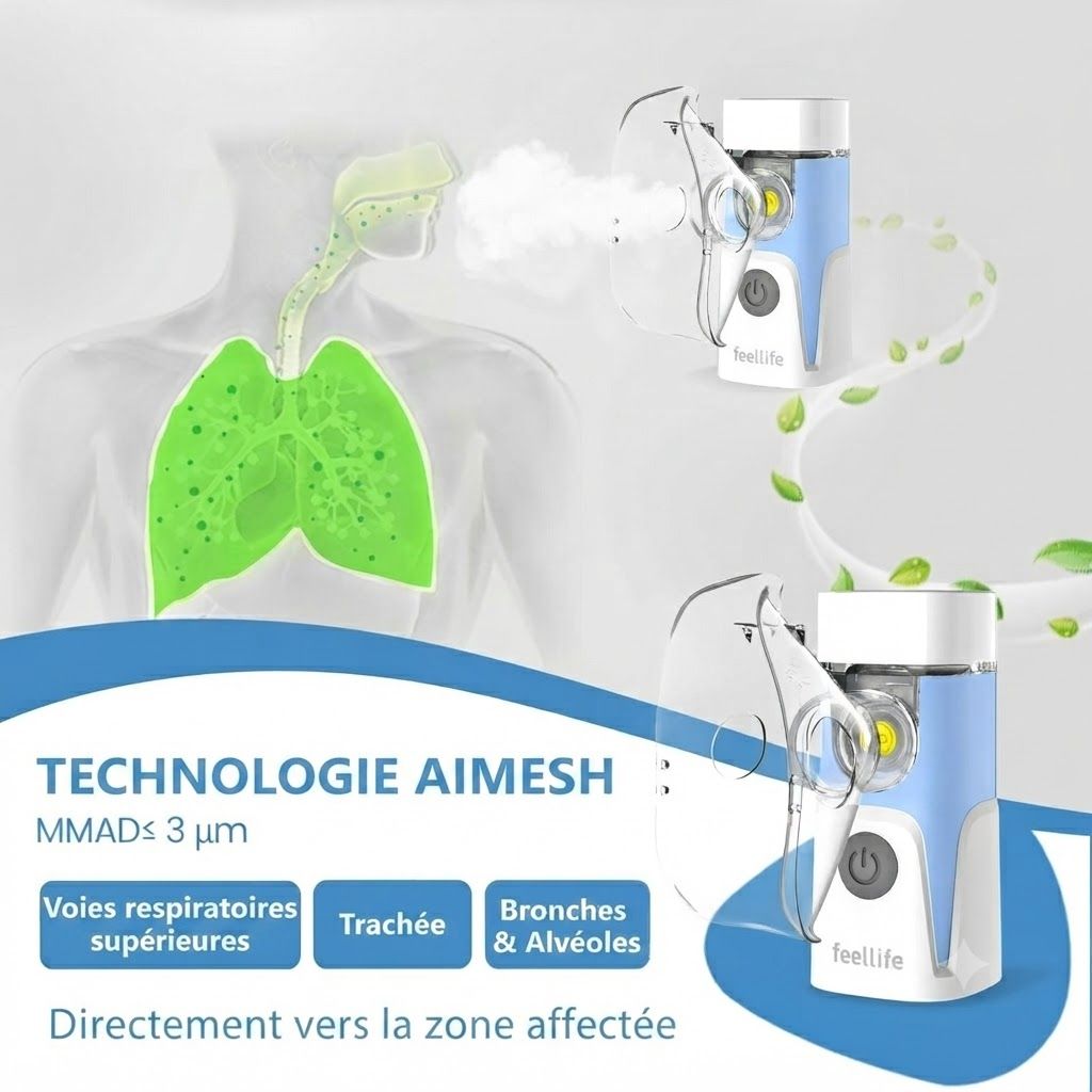 Un appareil nébuliseur portable avec masque et unité bleu et blanc. Montre les poumons et les voies respiratoires.
