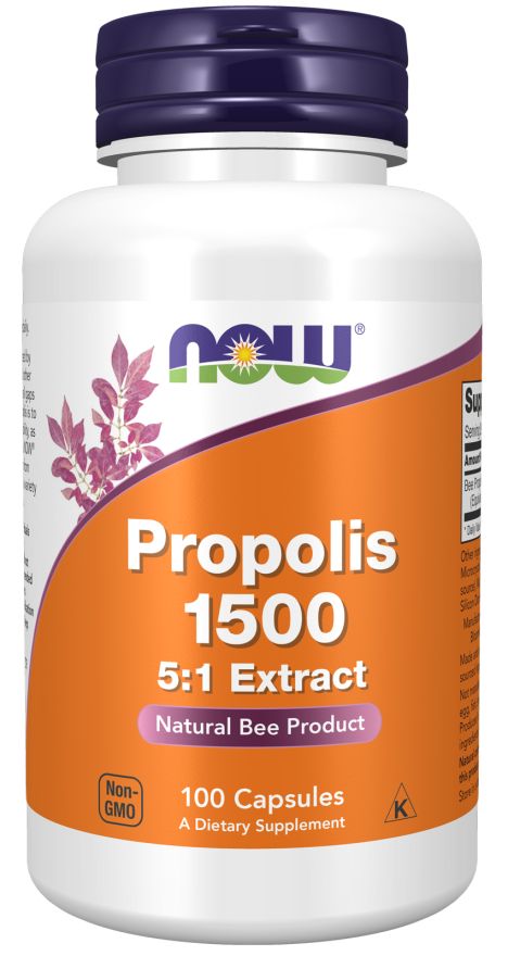 Flacon blanc avec bouchon violet. Étiquette orange avec logo "NOW" et texte "Propolis 1500". Contient 100 gélules.