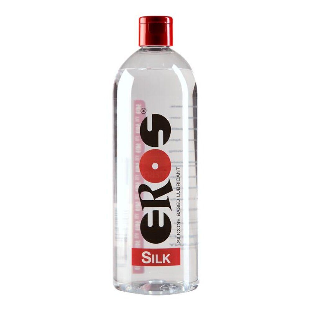Fles Eros Silk glijmiddel met rode dop en zwarte belettering.