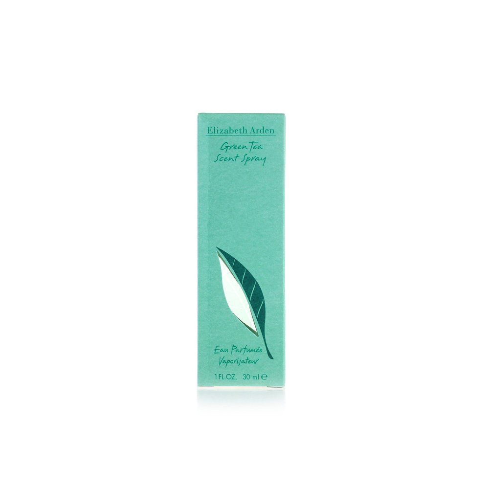 Verpakking van Green Tea Scent Spray. Rechthoekige doos met bladlogo en productnaam. 1 FL.OZ. 30ml.
