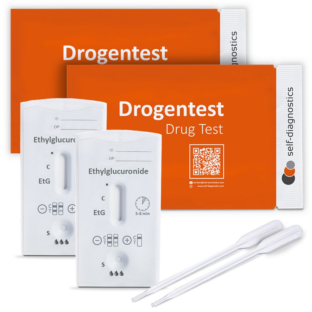 Kits de test EtG et pipettes. Emballage orange avec nom et logo du produit. Plusieurs tests.