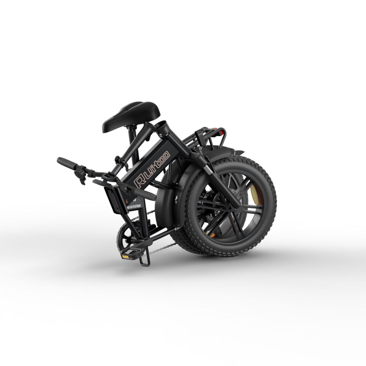 Vélo pliant noir plié. Pneus, selle et guidon noirs. Le vélo porte l'inscription "Ruitoo".