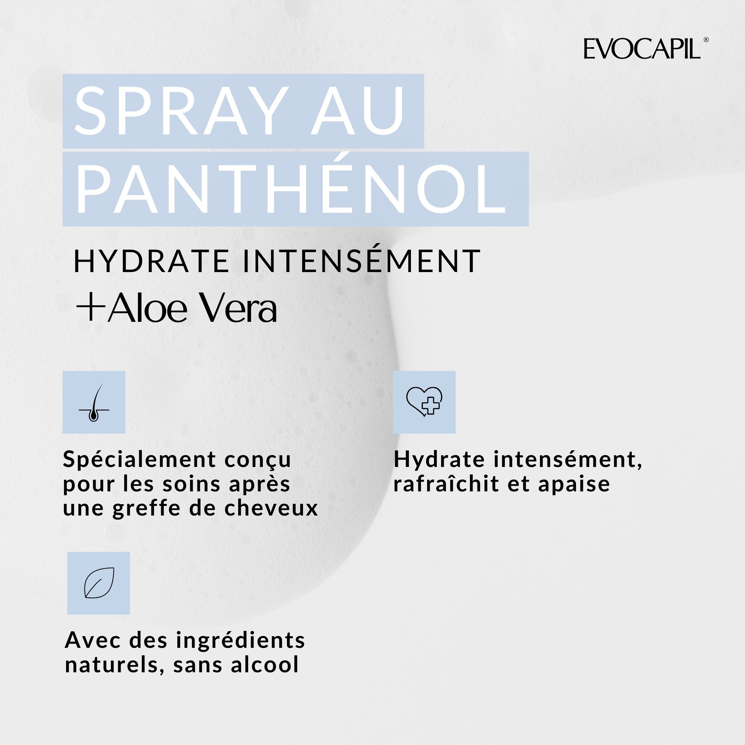 Texte sur le produit: SPRAY AU PANTHÉNOL, hydrate +Aloe Vera. Spécialement conçu pour les soins après une greffe de cheveux.