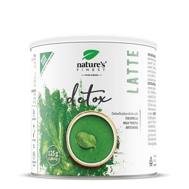 Boîte Nature's Finest Detox Latte de 125g de poudre. Contient de la chlorella, du chardon-marie et de l'artichaut.