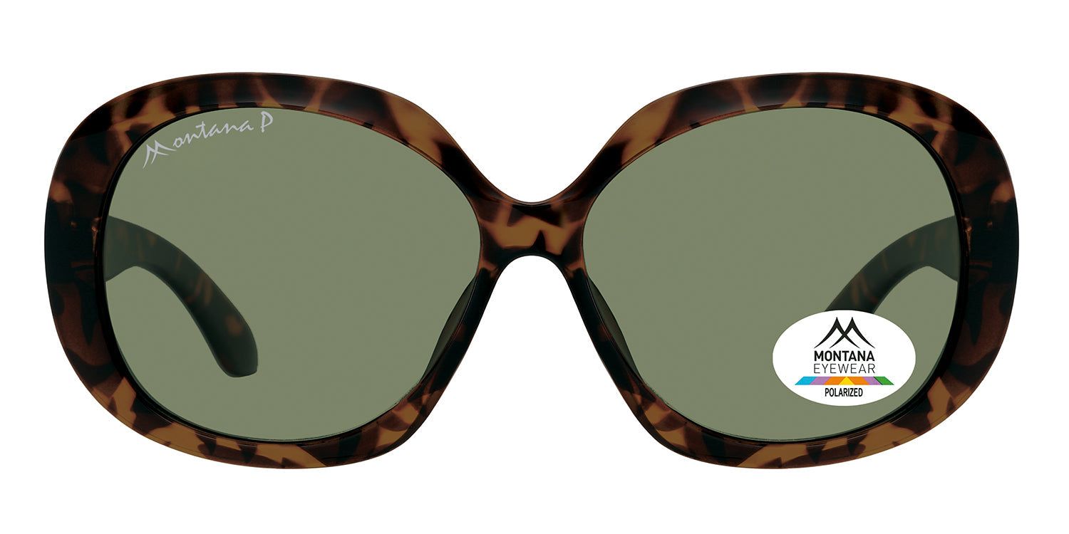 Lunettes de soleil marron et verres verts. Logo Montana Eyewear sur le verre et la branche. Polarized.