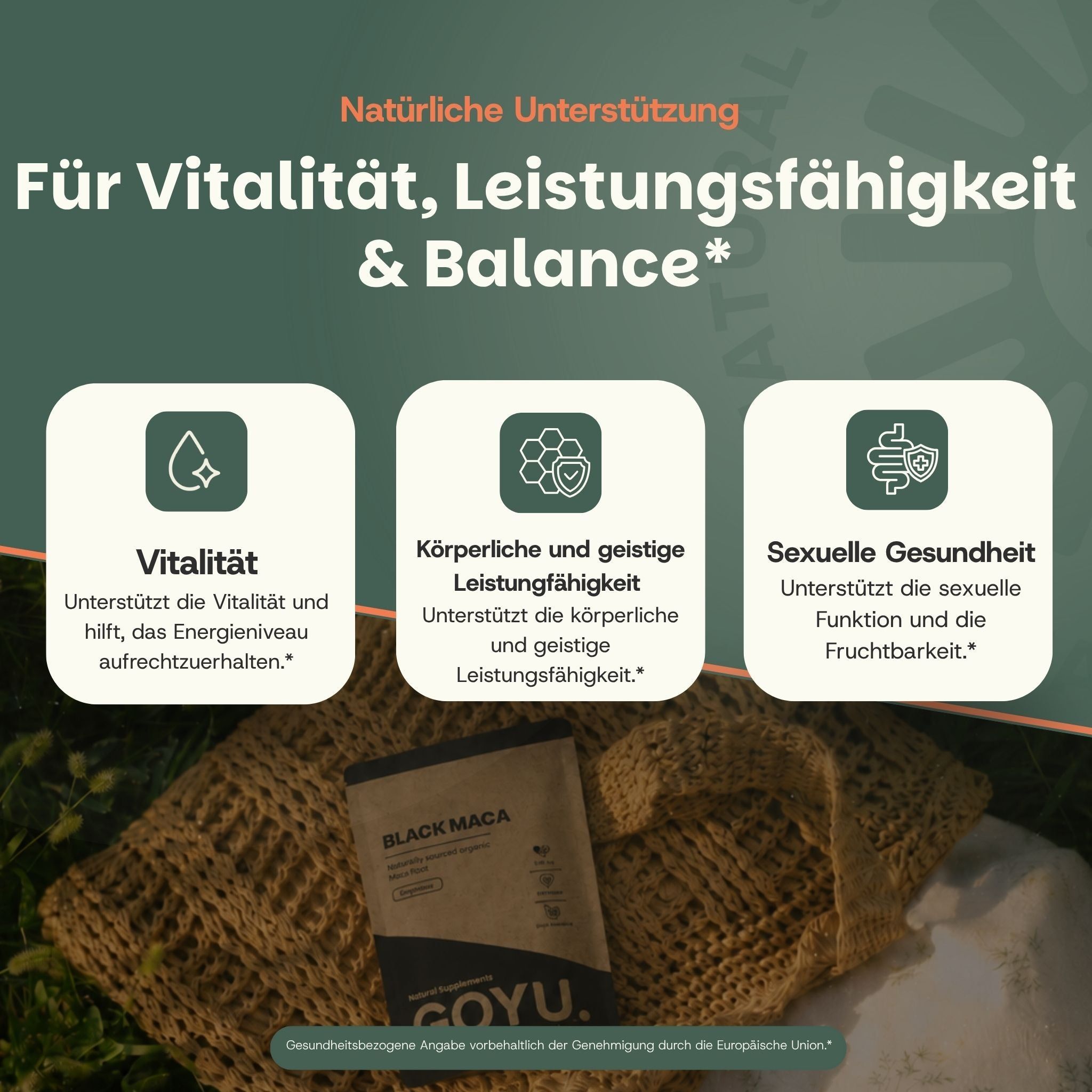 Trois icônes avec texte : Vitalité, Performance physique et mentale, Santé sexuelle. En dessous, un paquet de gélules Black Maca.