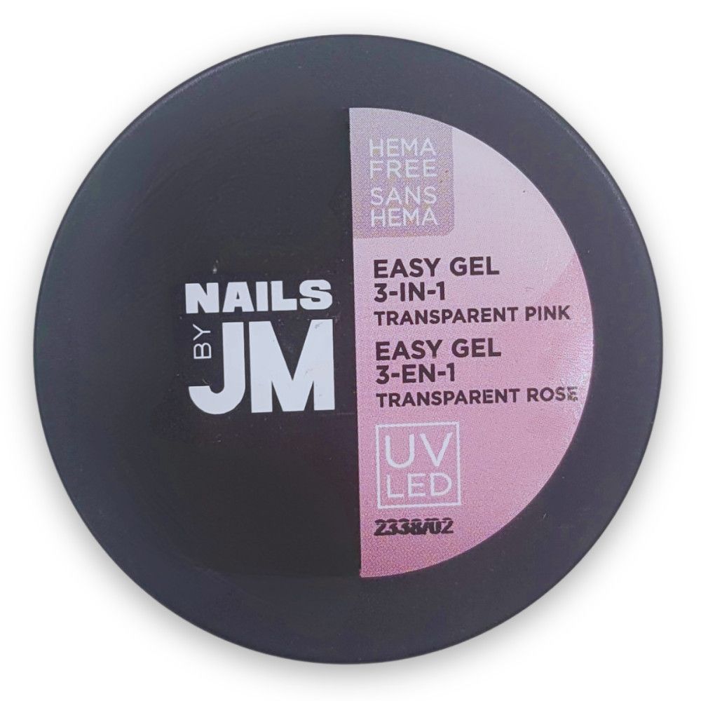 Zwarte, ronde container. Opschrift: Nails by JM, Easy Gel 3-in-1, Transparent Pink, Easy Gel 3-EN-1, Transparent Rose. HEMA-vrij. UV LED.
