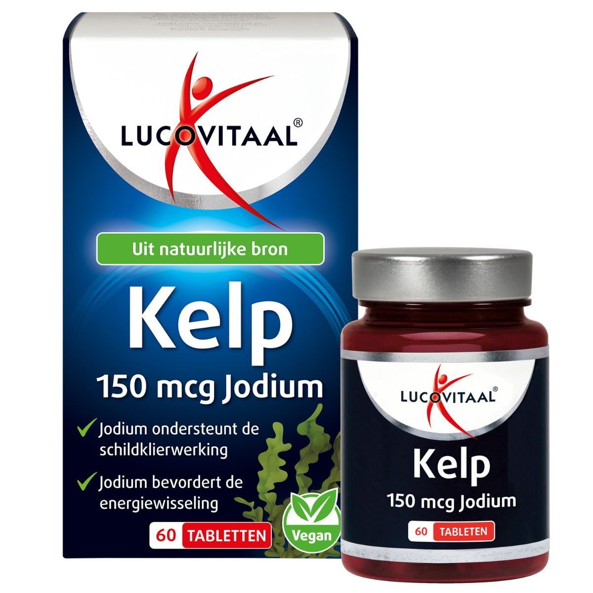 Productverpakking en fles. Beide tonen "Lucovitaal", "Kelp" en 60 tabletten. Groene accenten en Vegan keurmerk.