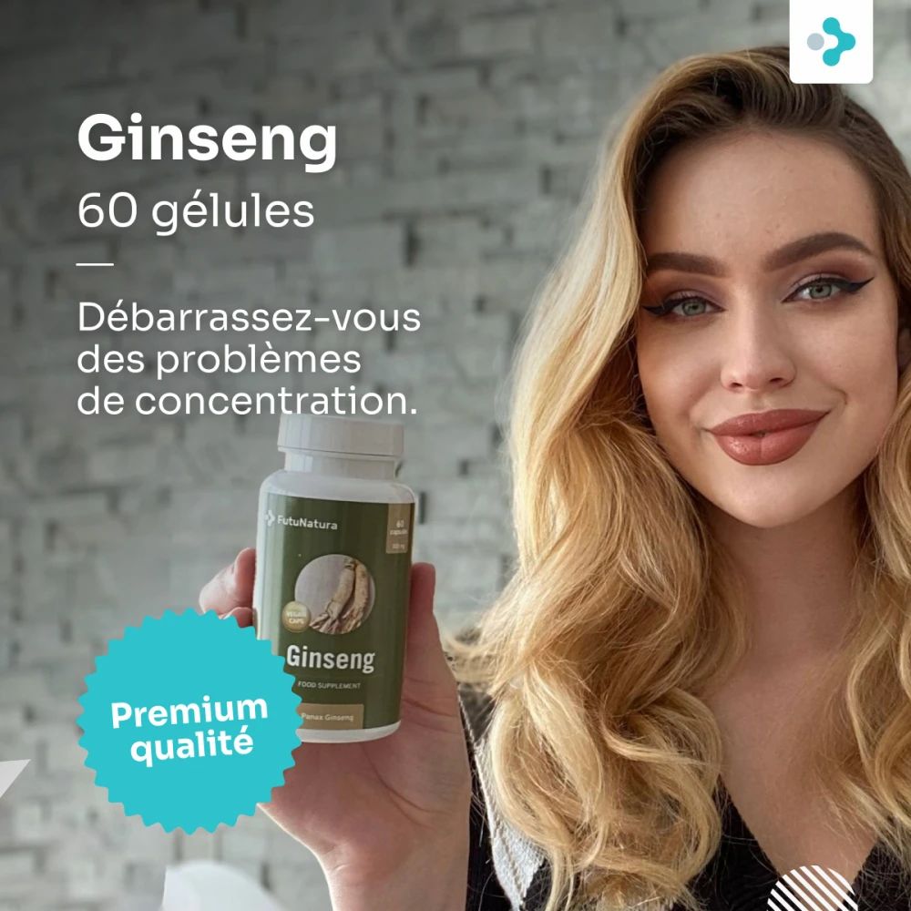 Femme tenant un flacon de FutuNatura Ginseng. Inscription: Ginseng, 60 gélules. Texte: Premium qualité. Femme sourit.