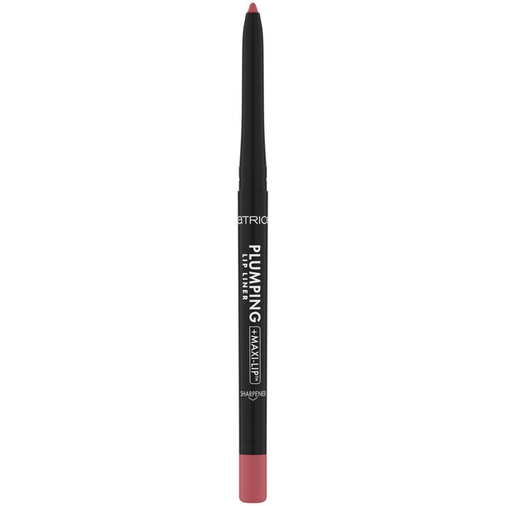 Lipliner. Zwarte en roze potlood met productnaam en merk. Roze punt.