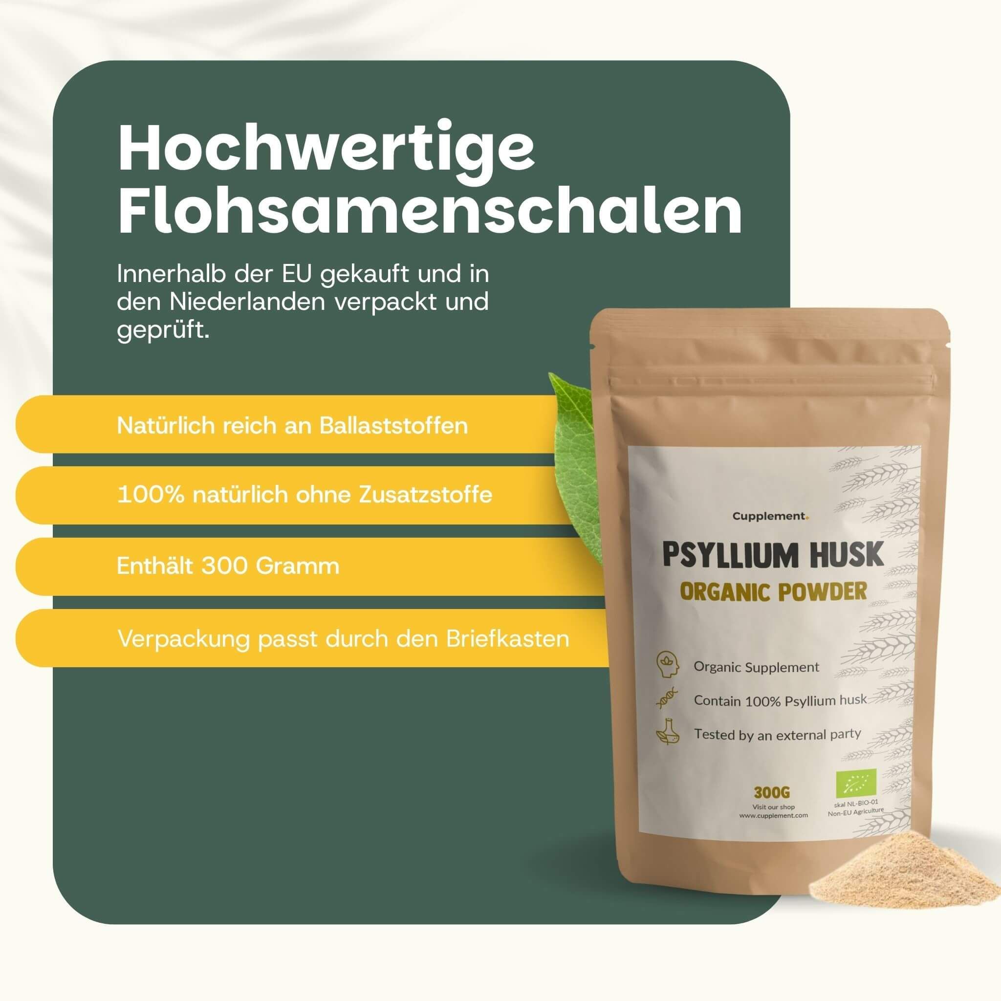 Bruine, staande zak met psyllium husk biologisch poeder, 300g. Links: lijst met productkenmerken.