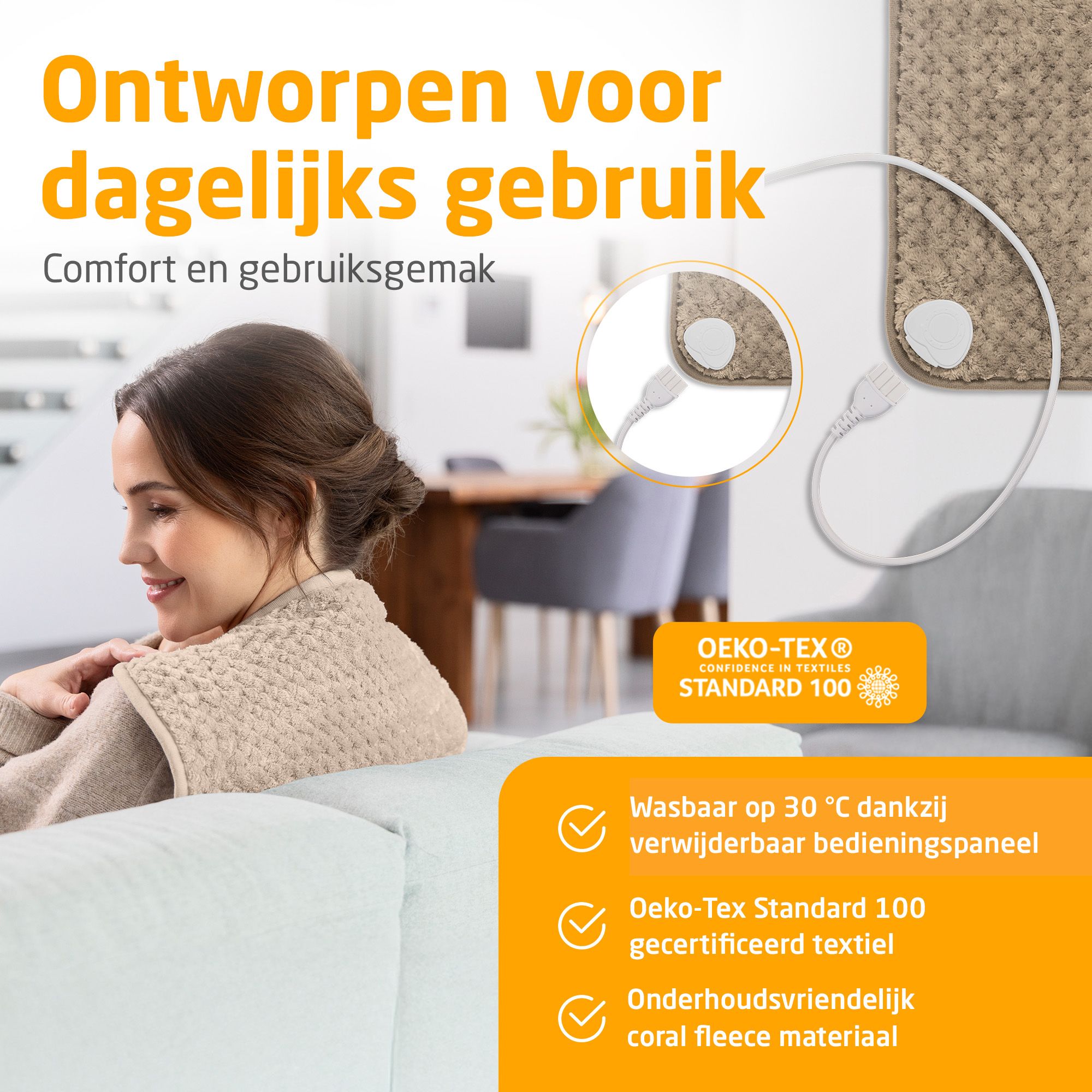 Warmtekussen met afneembaar bedieningspaneel. Oeko-Tex Standard 100 gecertificeerd. Onderhoudsvriendelijk coral fleece.