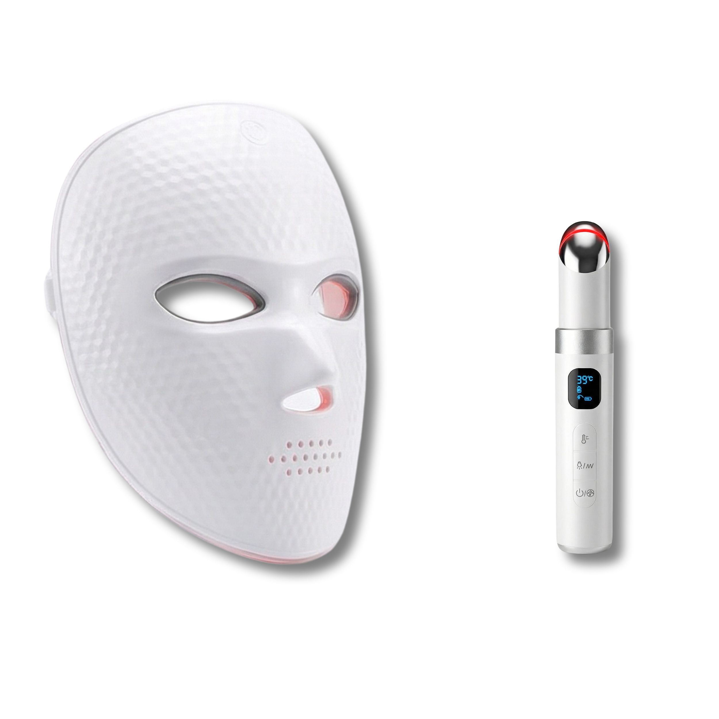 Witte LED-gezichtsmasker en anti-aging oogapparaat. Masker met gaatjespatroon, apparaat met display en rode applicator.