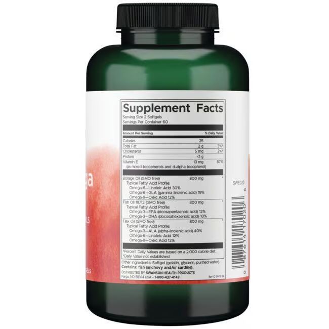 Dos du flacon vert. Affiche les informations nutritionnelles. Contient des informations sur les acides gras oméga-3, -6 et -9. 120 gélules.