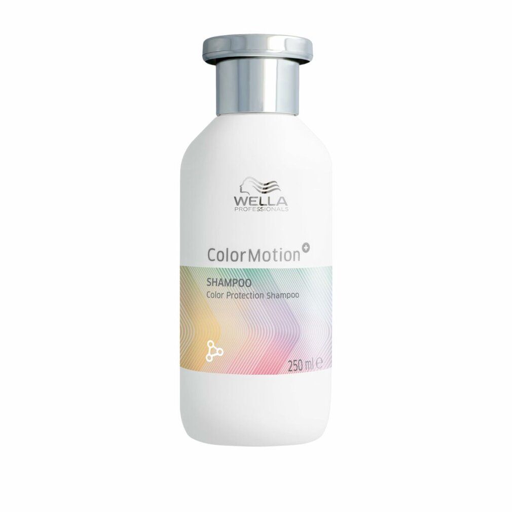 Witte shampoo fles met zilveren dop. Opschrift: Wella Color Motion+ Shampoo, 250 ml.