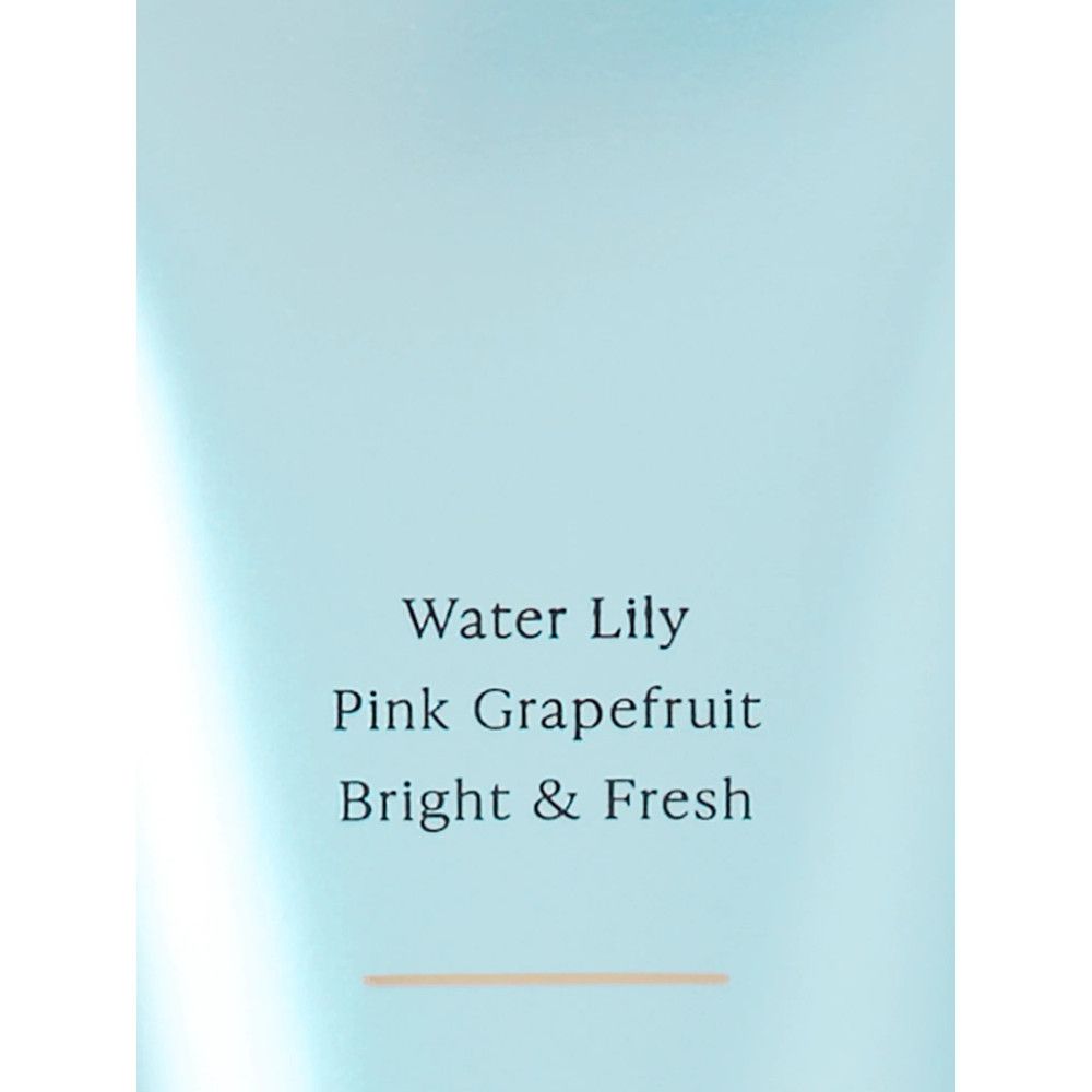 Texte du produit: Water Lily, Pink Grapefruit, Bright & Fresh. Sur fond bleu clair.