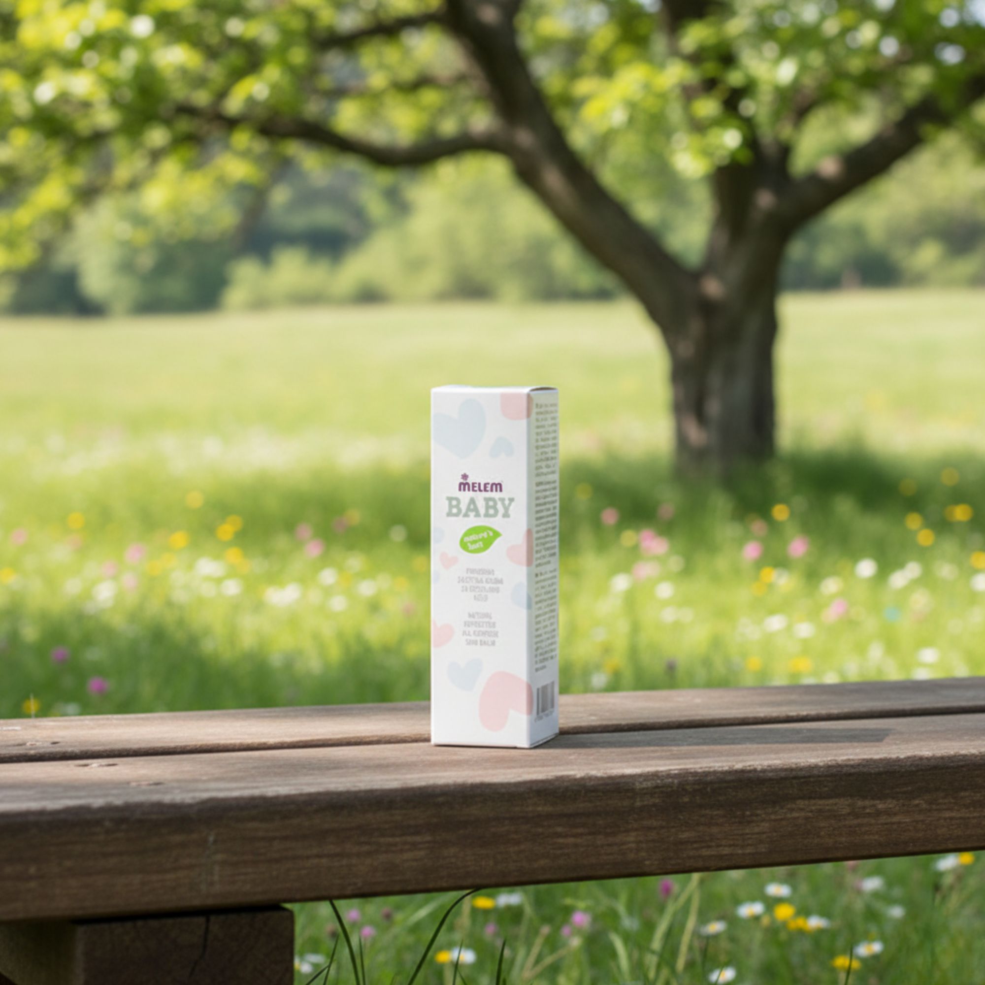 Boîte "Melem Baby" sur banc en bois. Texte : "Natural Protective All-Purpose Skin Balm". Arrière-plan : arbre et prairie.