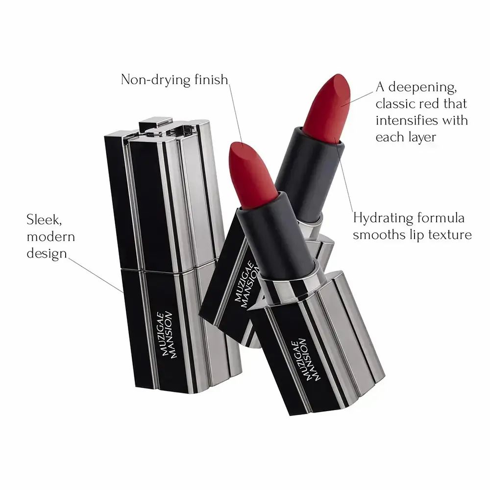 Twee rode lipsticks met zwarte huls en zilveren basis. Opschrift: MUZIGAE MANSION. Tekst: Sleek, modern design.