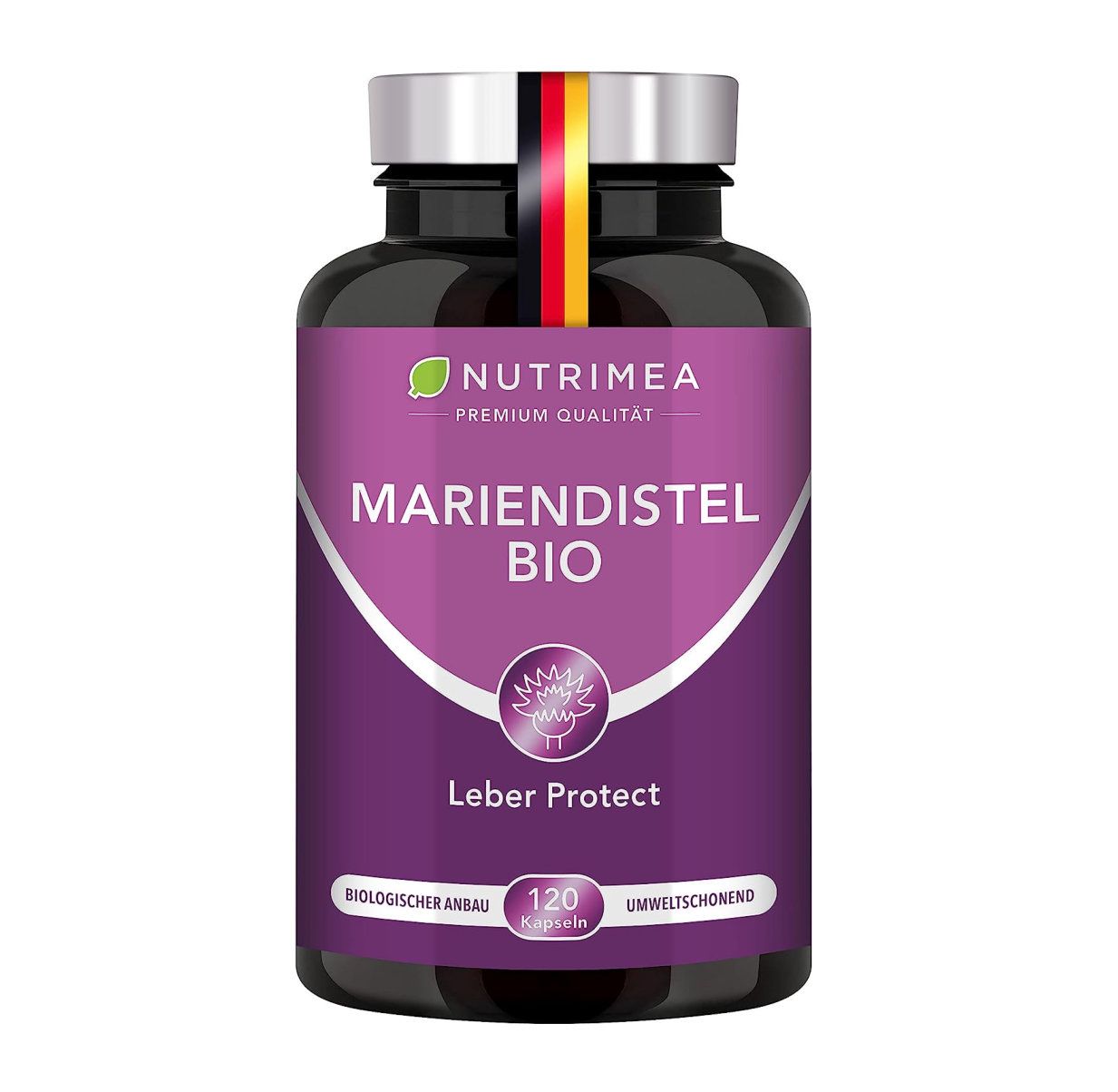 Donkere fles met capsules. Opschrift: Mariadistel BIO, 120 capsules. Logo: Nutrimea. Met Duits vlaggetje.
