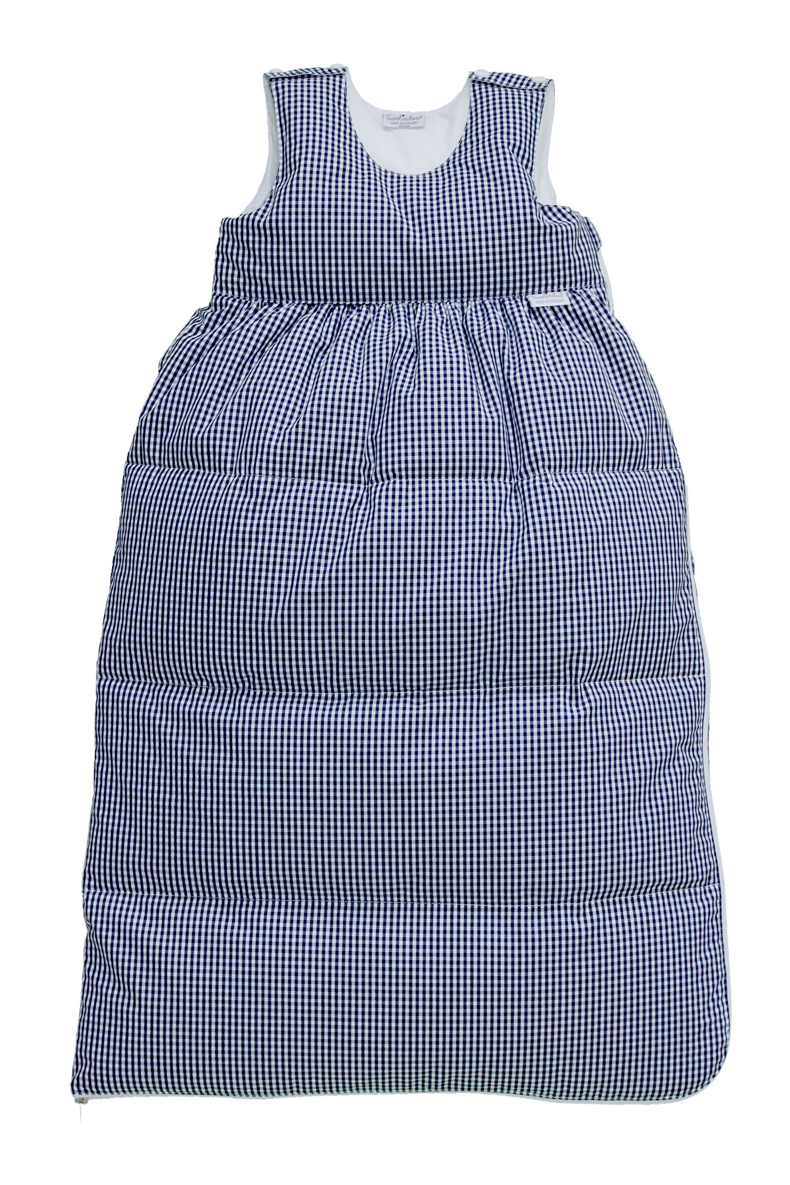 Gigoteuse à carreaux bleus et blancs. Matelassage longitudinal. Doublure blanche. Étiquette en haut. Sans manches.