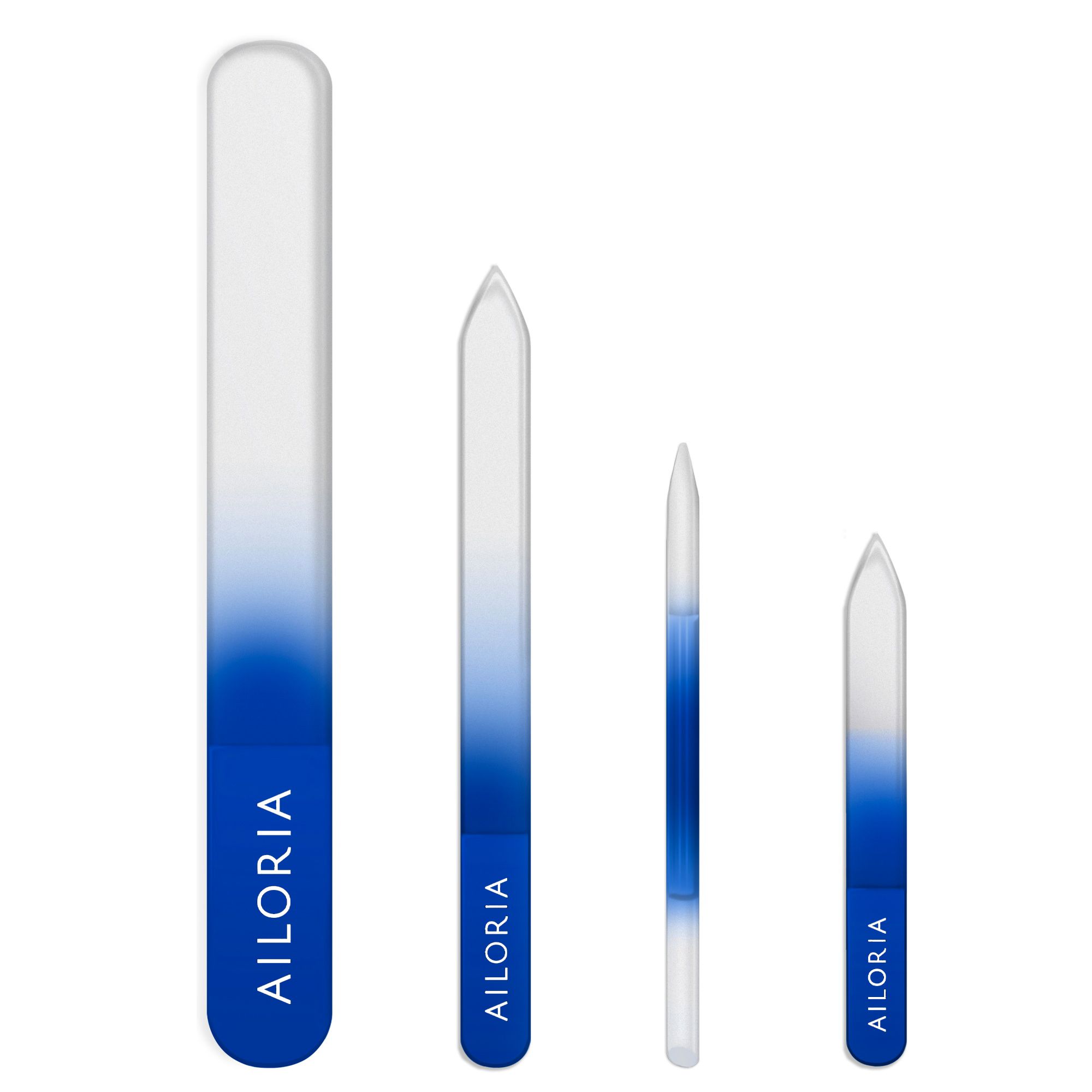 Vier glazen nagelvijlen met blauw-witte kleurovergang. AILORIA-logo op elke vijl. Verschillende vormen: rechthoekig, puntig, rond.