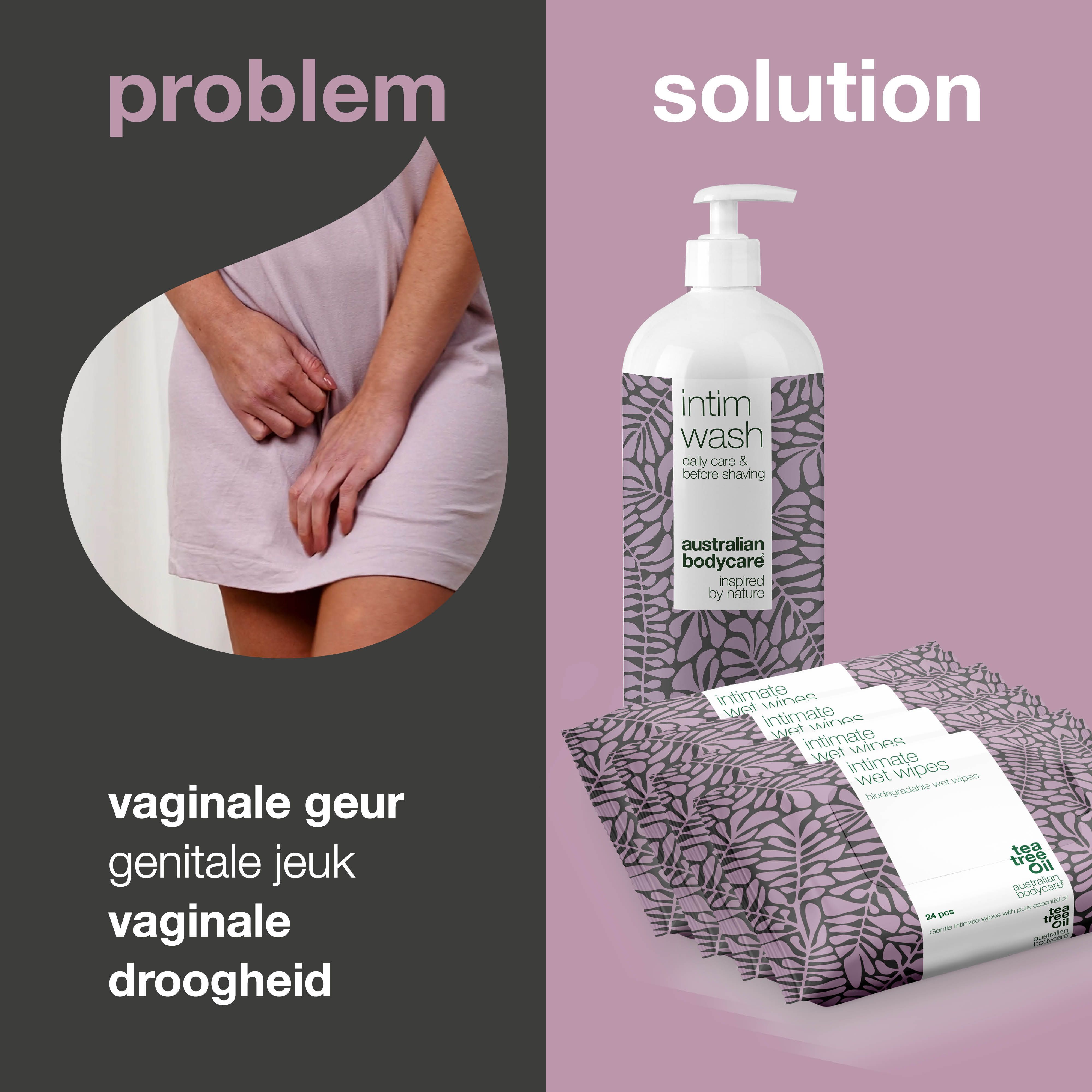 Probleem en oplossing. Intieme wasgel en doekjes. Paarse achtergrond. Australian Bodycare.