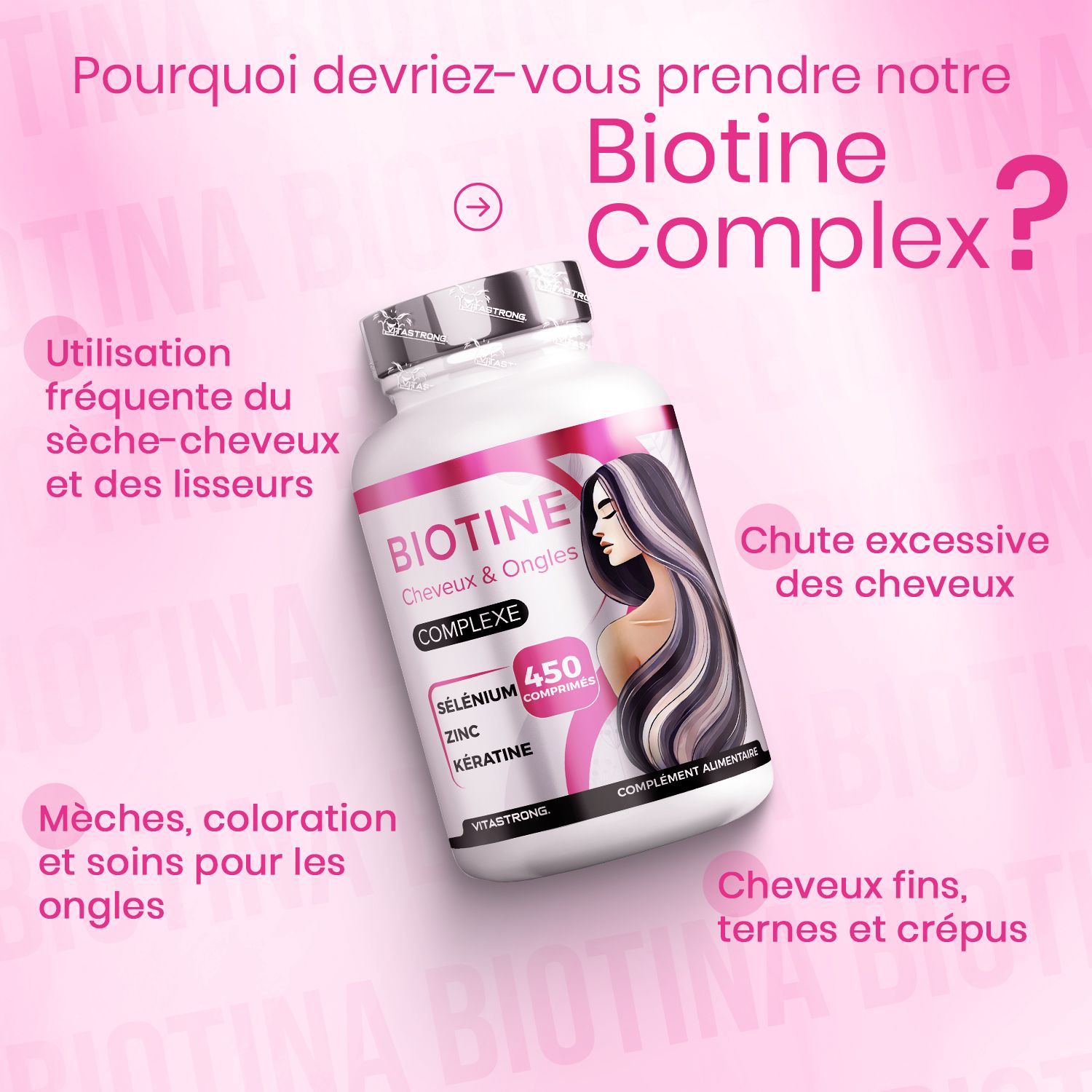 Vrouw met glanzend haar. Tekst: Selenium, Zink, Koper, Keratine, Vitamine D, Vitamine E, Bamboe-extract.