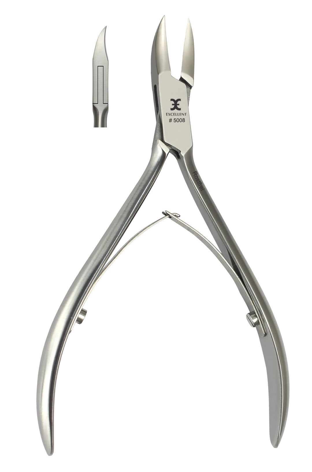 Gebogen metalen nageltang. Met de tekst "EXCELLENT #5008". Naast de tang is een los mes afgebeeld.