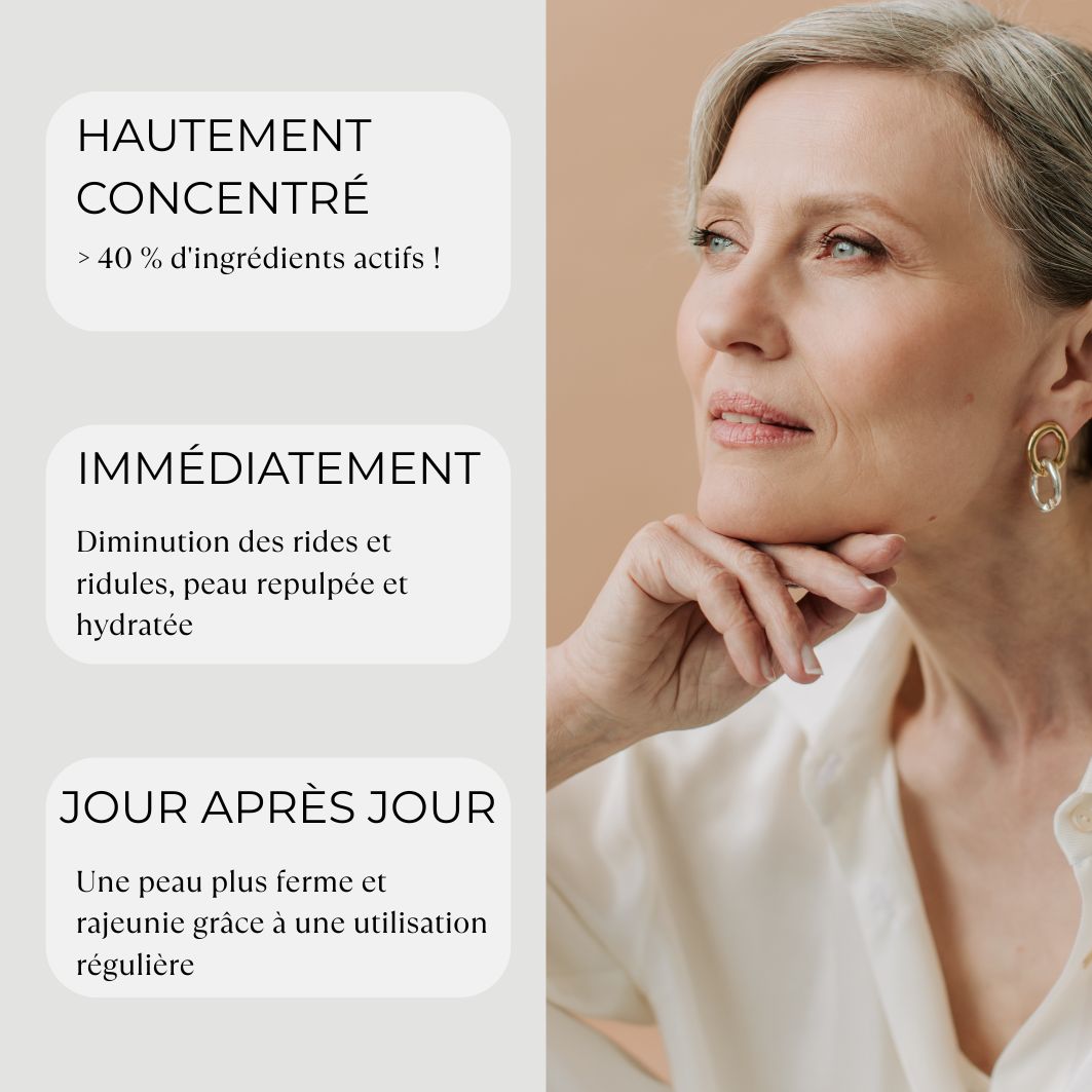 Femme avec sérum. Texte sur concentration, résultats immédiats, effet à long terme.