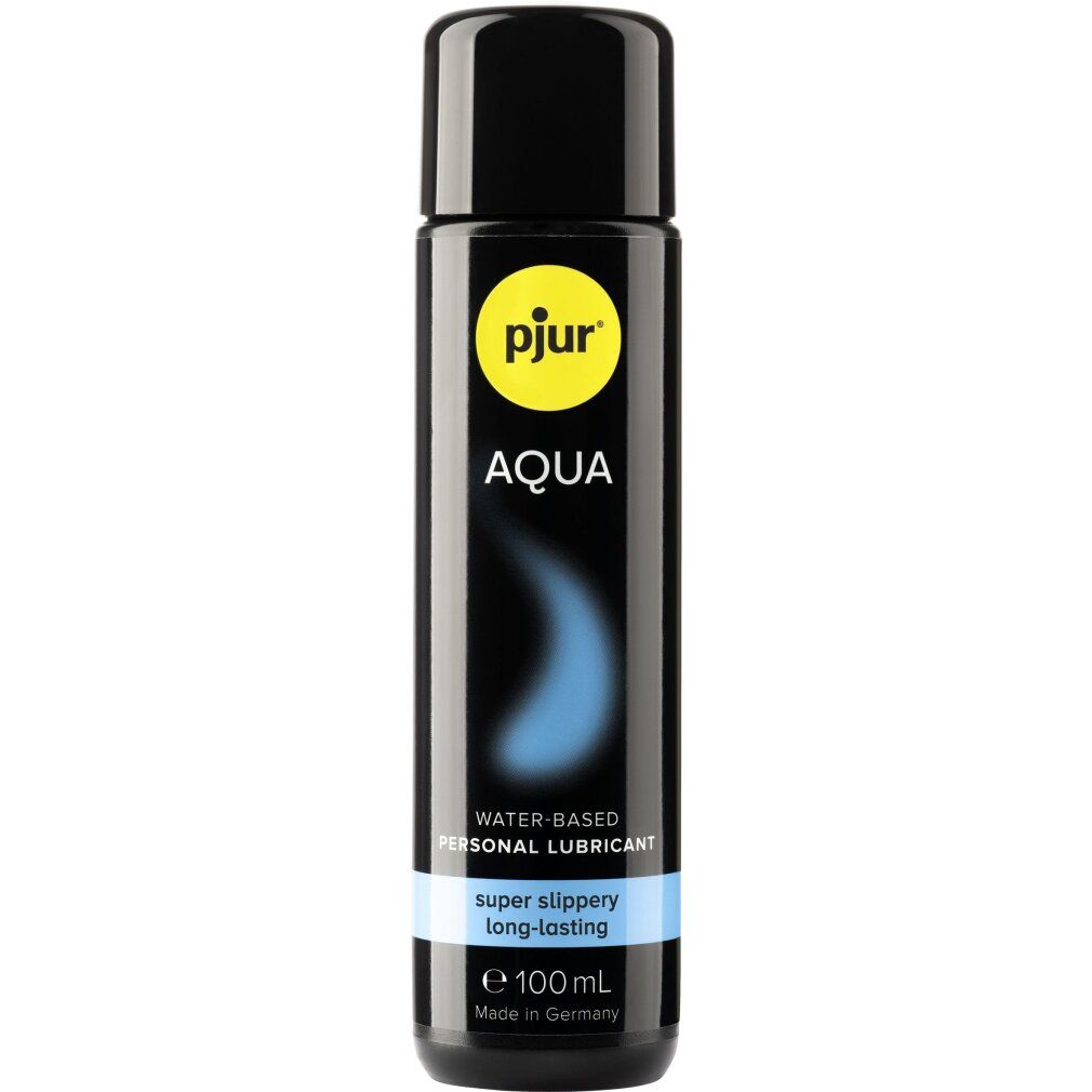 Flacon noir avec bouchon noir. Inscription : pjur AQUA. Contient un lubrifiant à base d'eau. 100ml.