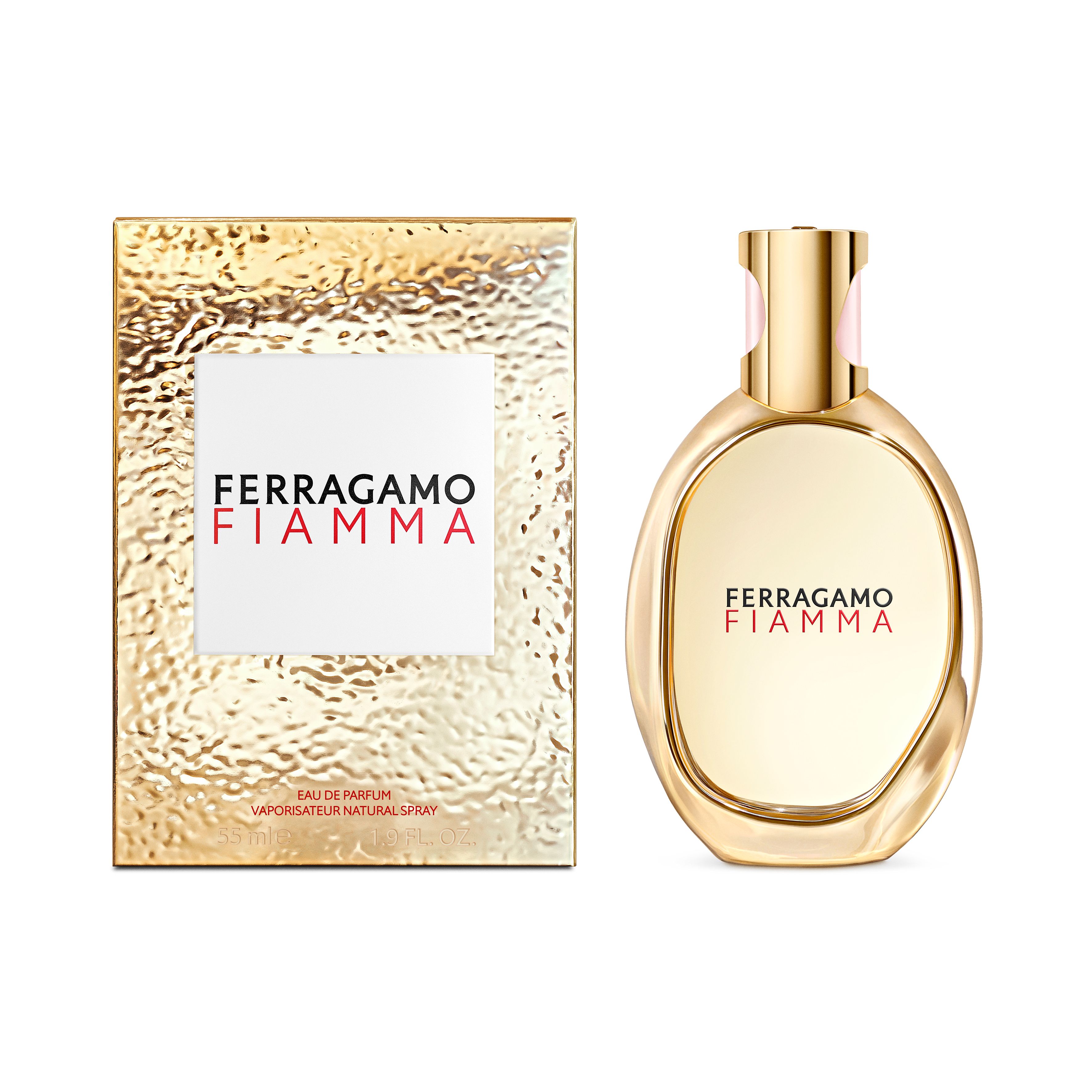 Flacon doré. Inscription : FERRAGAMO FIAMMA. Eau de Parfum.