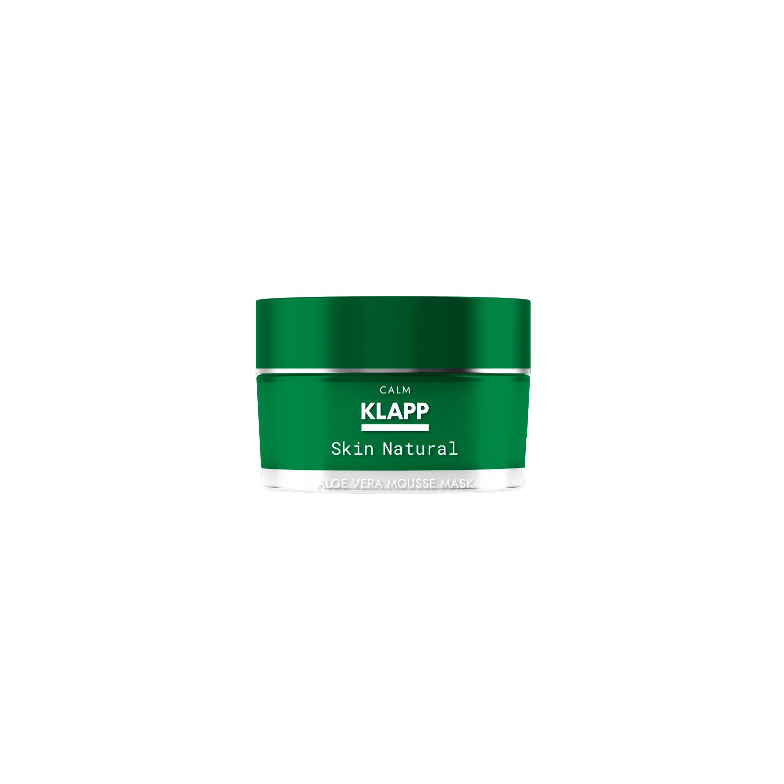 Groene pot met zilveren deksel. Opschrift: Klapp Skin Natural Aloe Vera Mousse Mask. Productvolume: 50 ml.