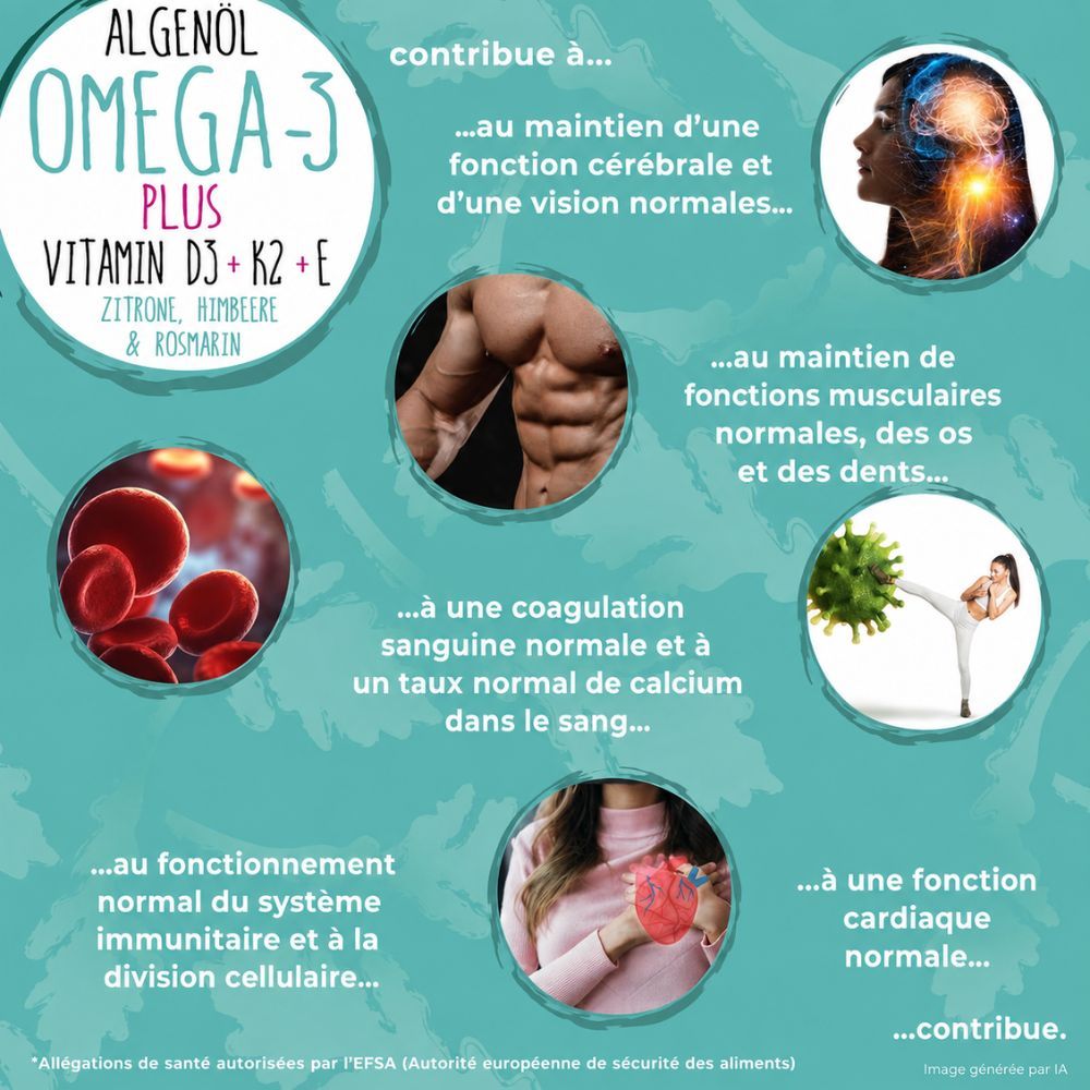 Infographie sur l'huile d'algues Oméga-3 : fonction cérébrale, vision, muscles, os, dents, coagulation sanguine, calcium, système immunitaire, division cellulaire, fonction cardiaque.