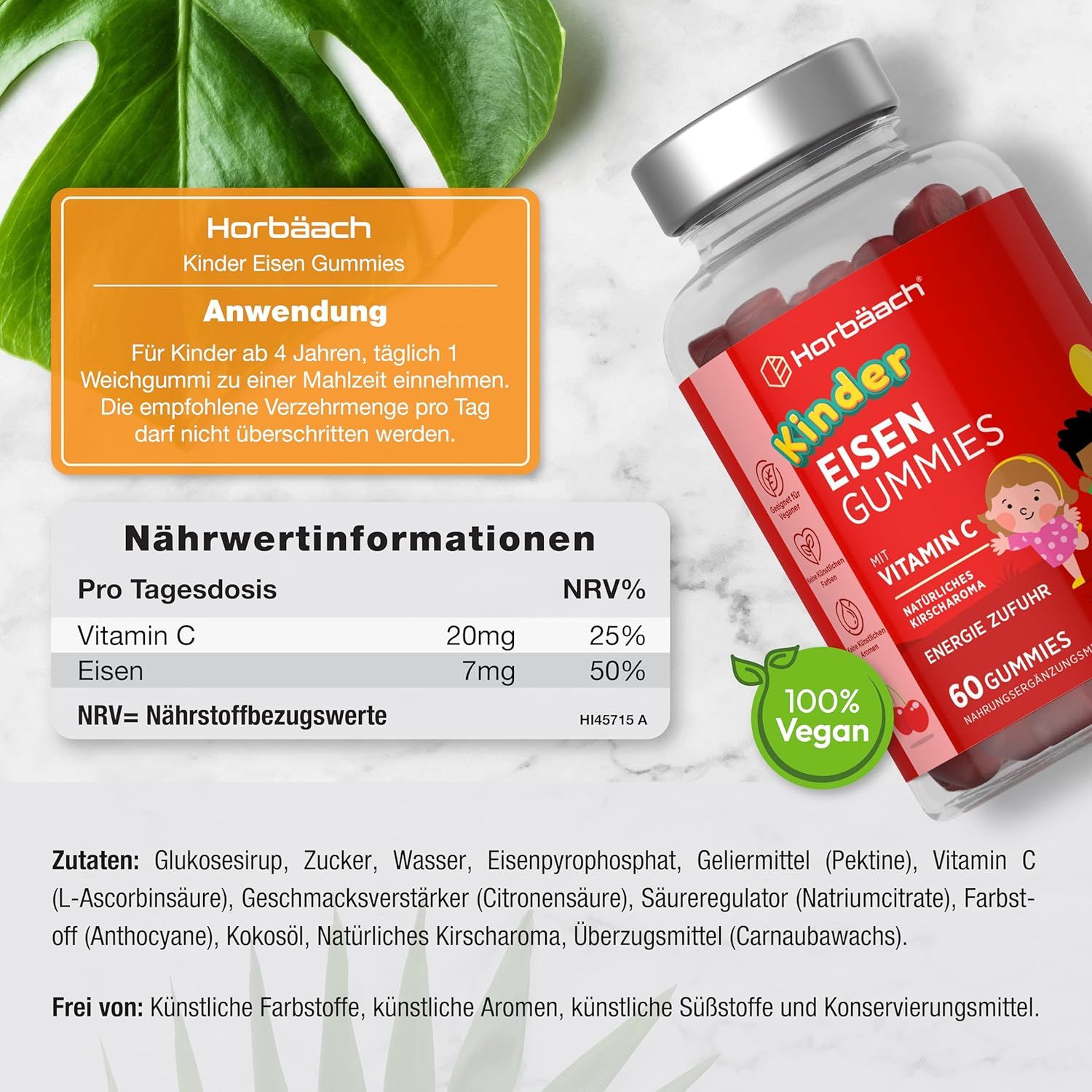 Flacon avec gommes rouges. Étiquette rouge "Kinder Eisen Gummies". Informations nutritionnelles et liste des ingrédients. 60 gommes.