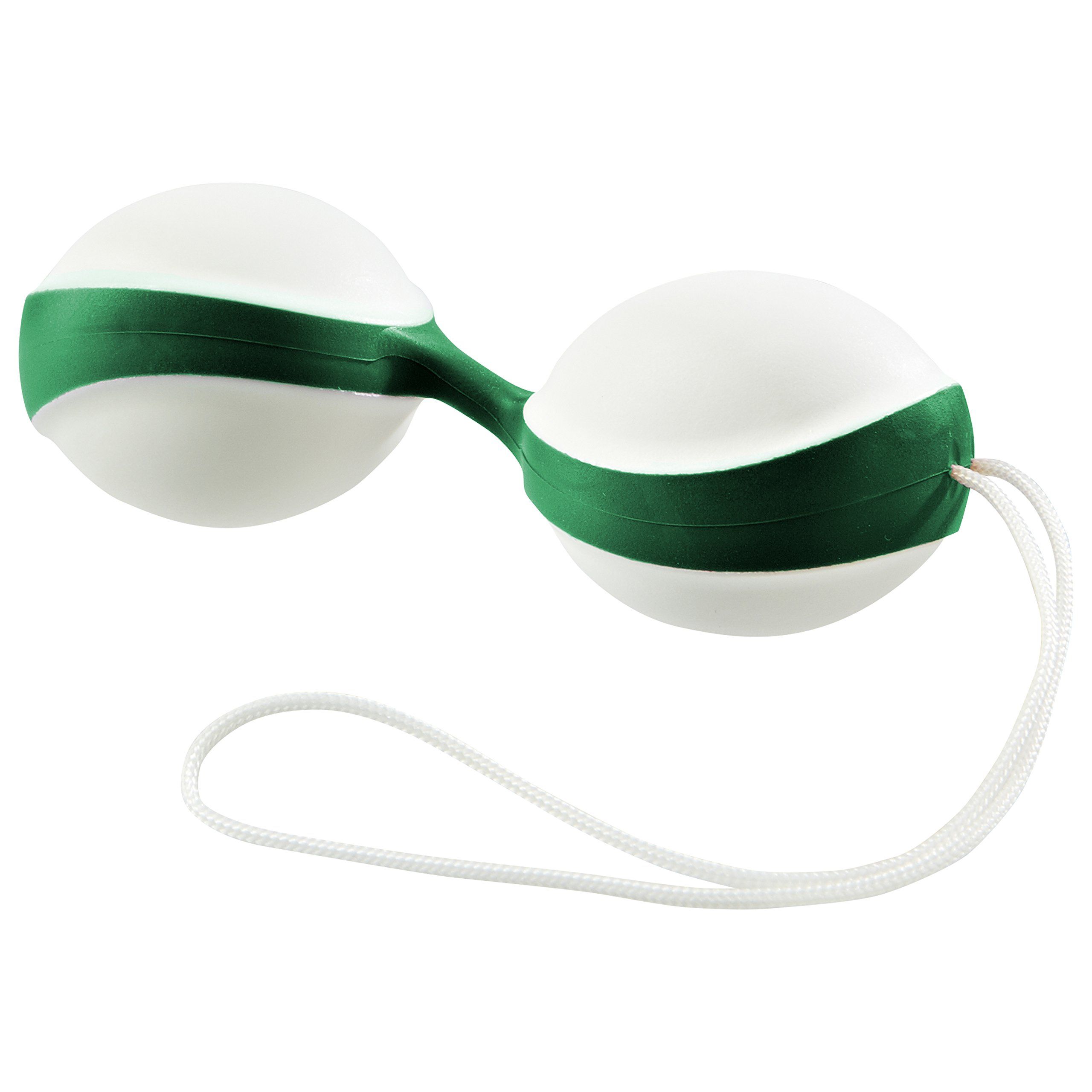 Deux sphères blanches reliées par une bande verte, avec une cordelette.