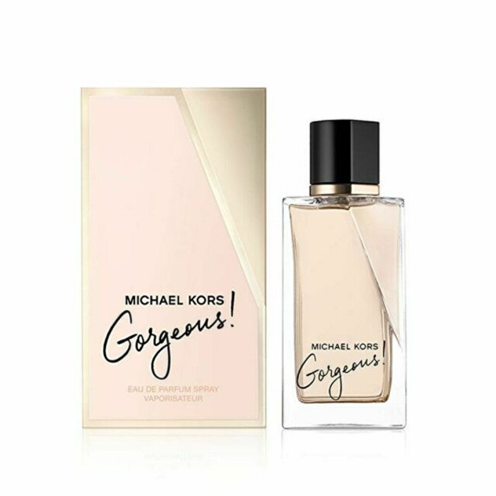 Flacon de parfum et emballage. Inscription: MICHAEL KORS Gorgeous!. Flacon et emballage aux tons roses et dorés.