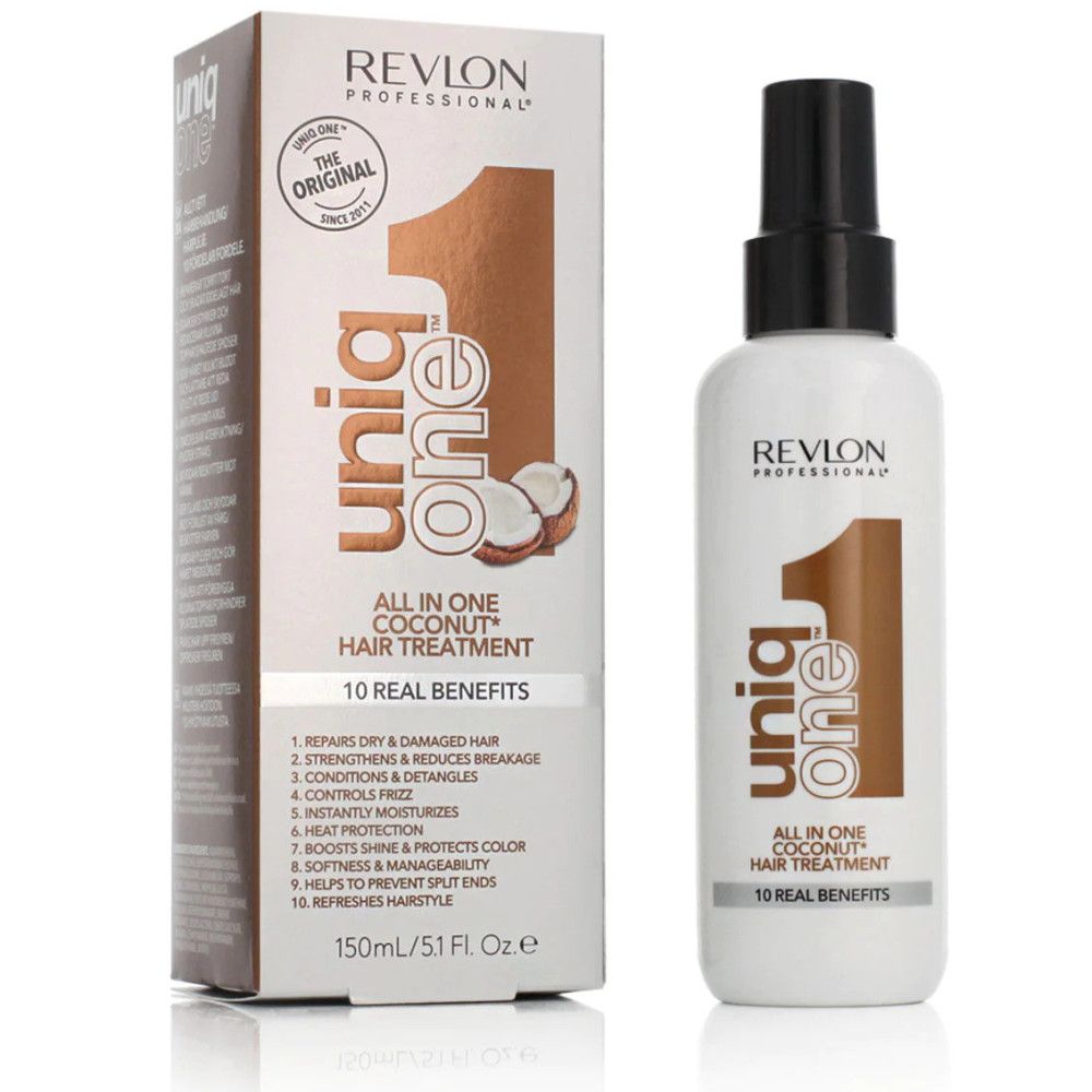 Emballage et flacon. Inscription : Uniq One, All in One Coconut Hair Treatment, 10 Real Benefits. Marque : Revlon.