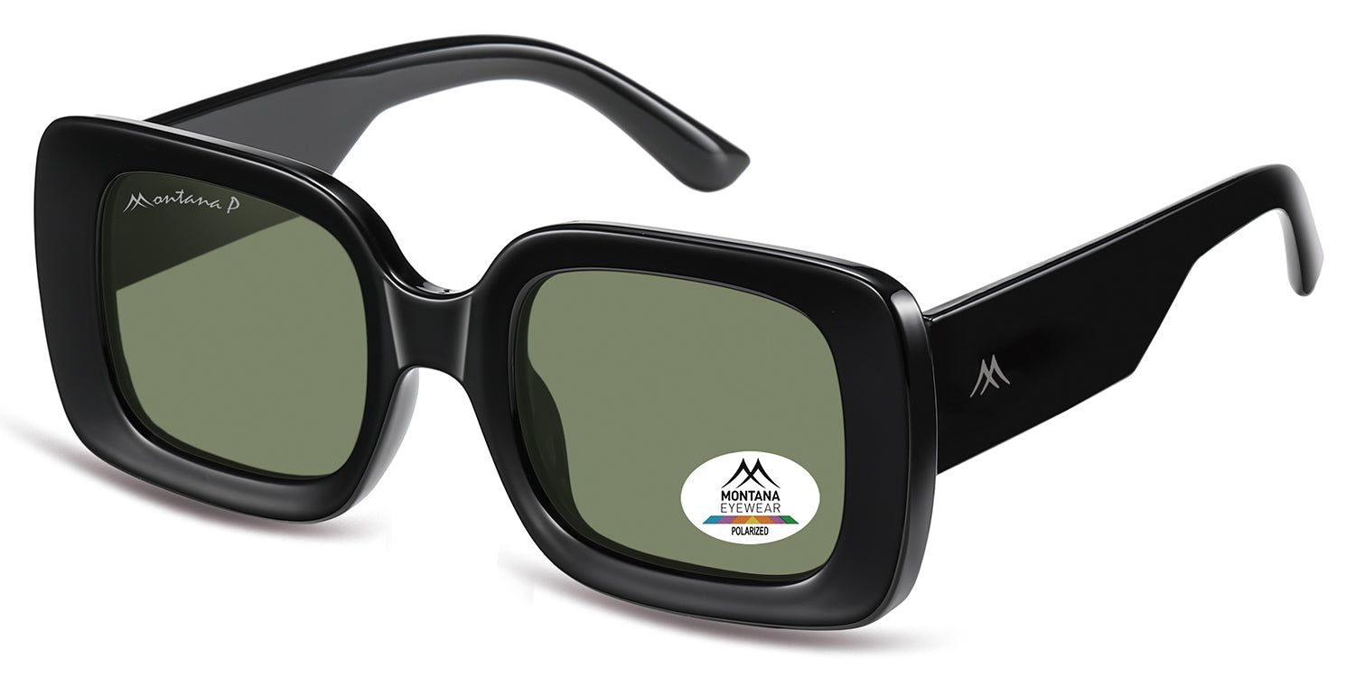 Lunettes de soleil noires, vue latérale. Verres carrés, logo Montana Eyewear. Autocollant Polarized sur la lentille.