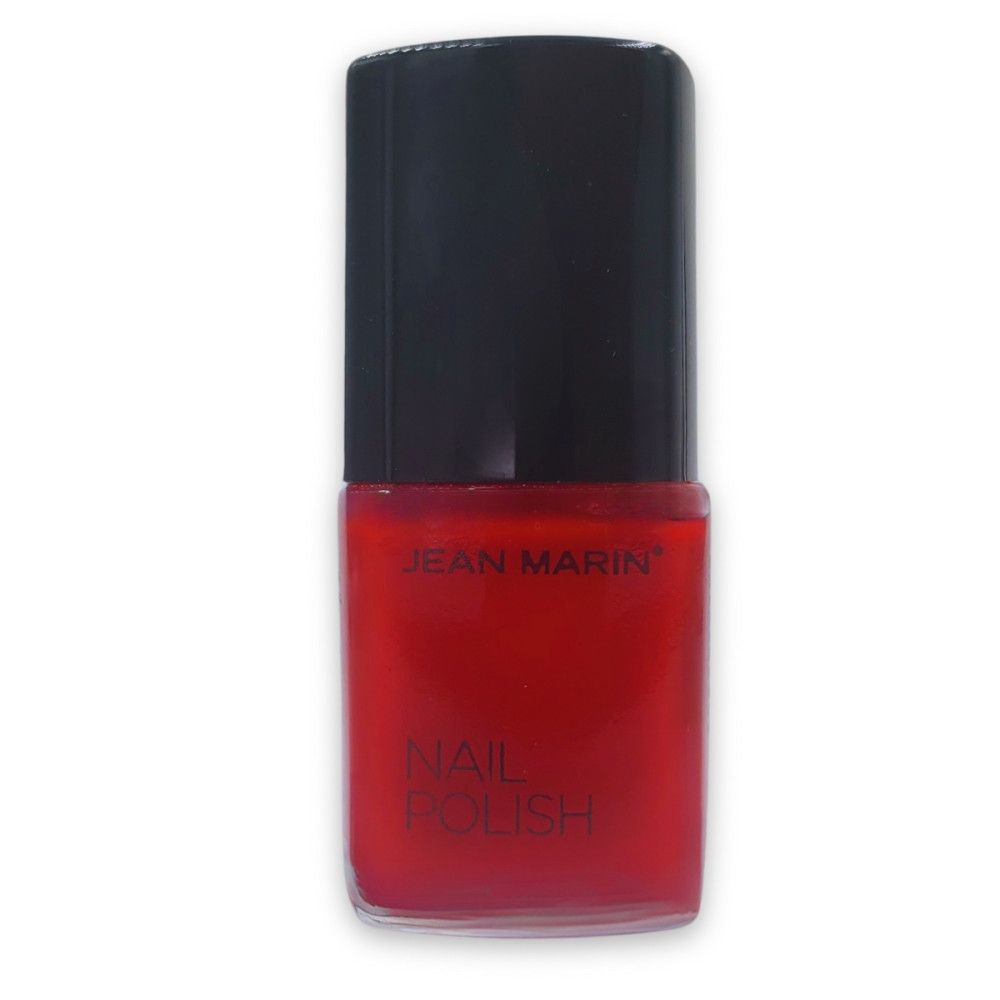 Flacon de vernis à ongles rouge avec bouchon noir. Marque Jean Marin. Inscription: Nail Polish.