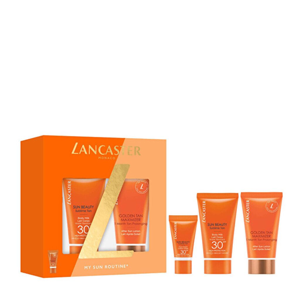 Coffret Lancaster avec trois tubes et une boîte cadeau. Contient une crème solaire SPF 30.