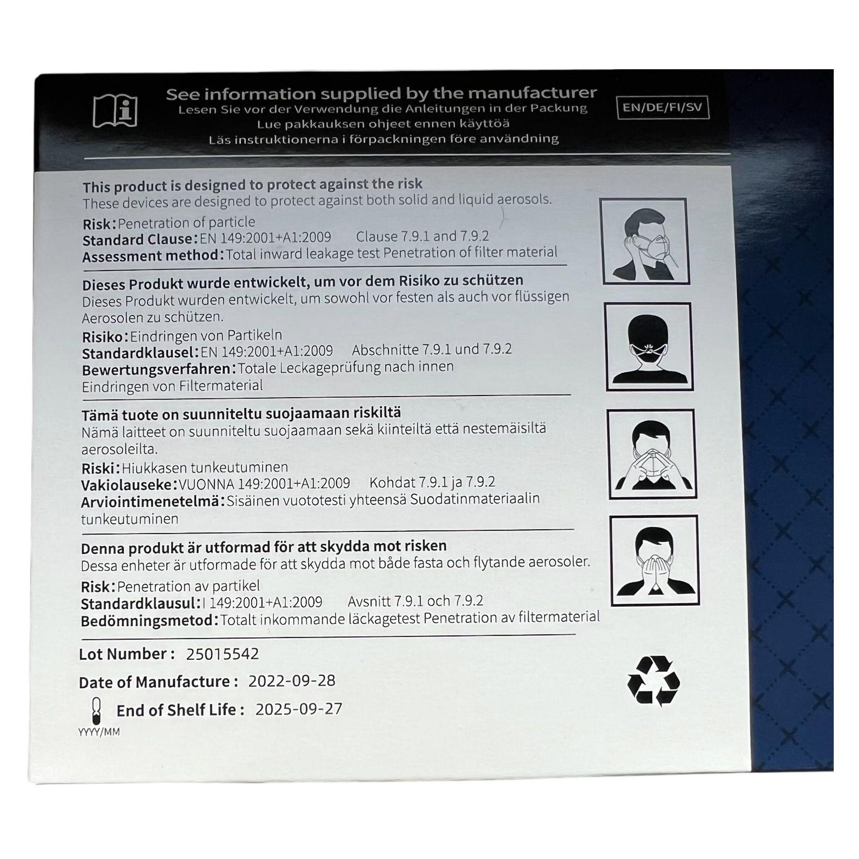 Dos de l'emballage des masques respiratoires Kingfa FFP2. Texte: Informations du fabricant, EN 149:2001+A1:2009, numéro de lot, date de fabrication, date de péremption.
