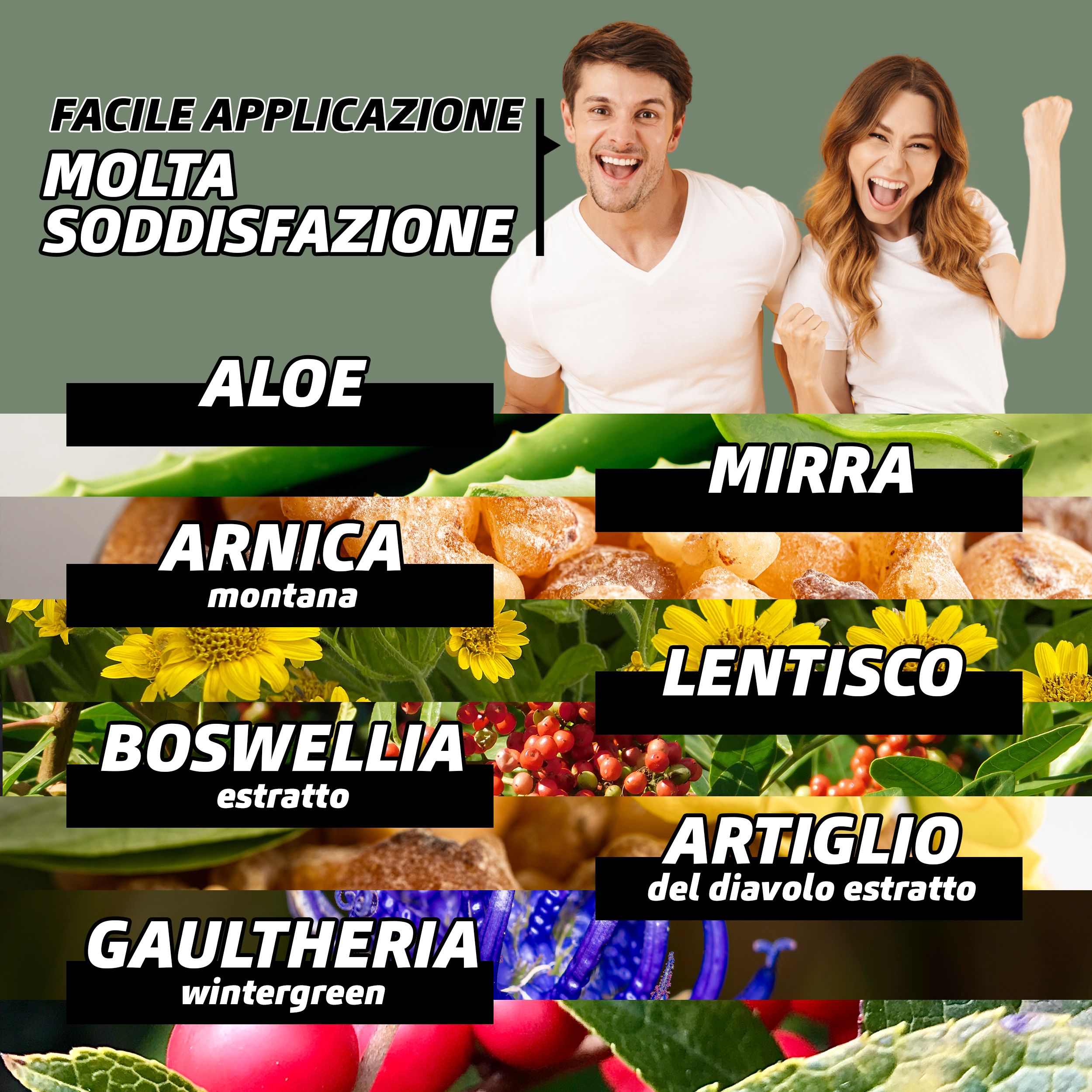 Collage met ingrediënten en personen. Tekst: Aloe, Mirra, Arnica montana, Lentisco, Boswellia, Artiglio del diavolo, Gaultheria.
