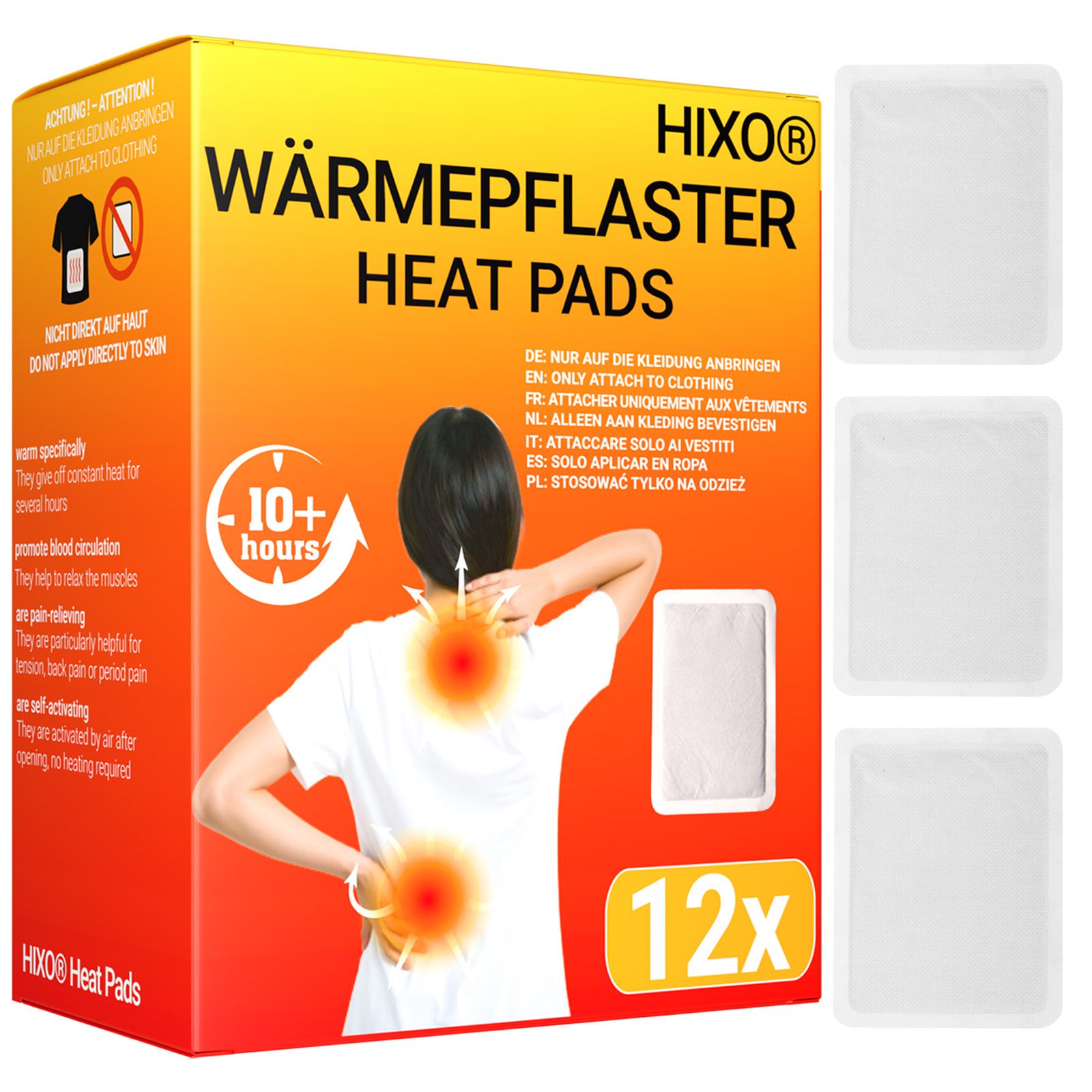 HIXO Wärmepflaster-verpakking met 12 warmtepleisters. Afbeelding van een persoon met pijn. Opschrift: 10+ uur warmte.