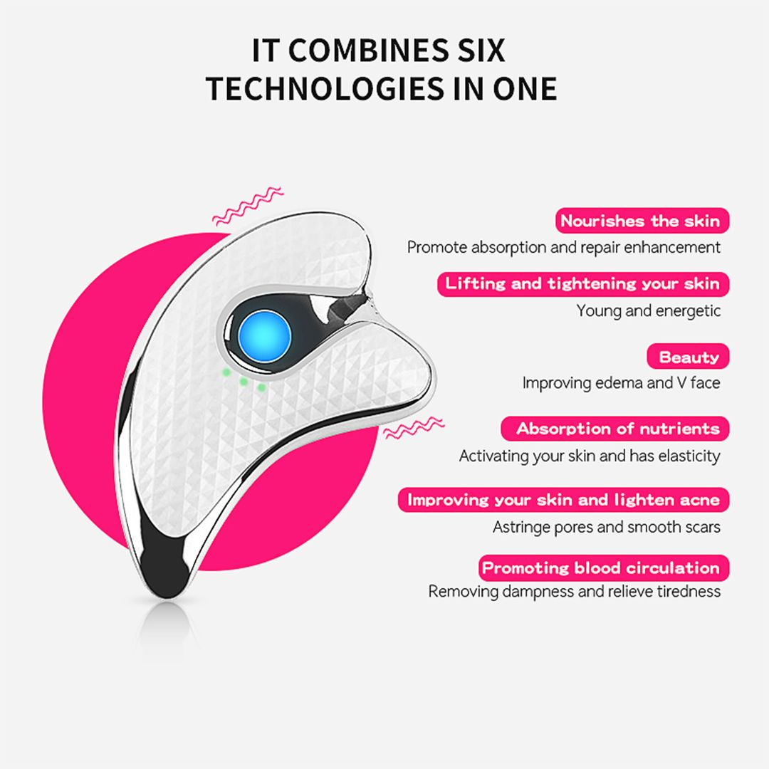 Appareil de massage Gua Sha avec texte. Montre six technologies. Argenté, ergonomique. Texte : IT COMBINES SIX TECHNOLOGIES IN ONE.