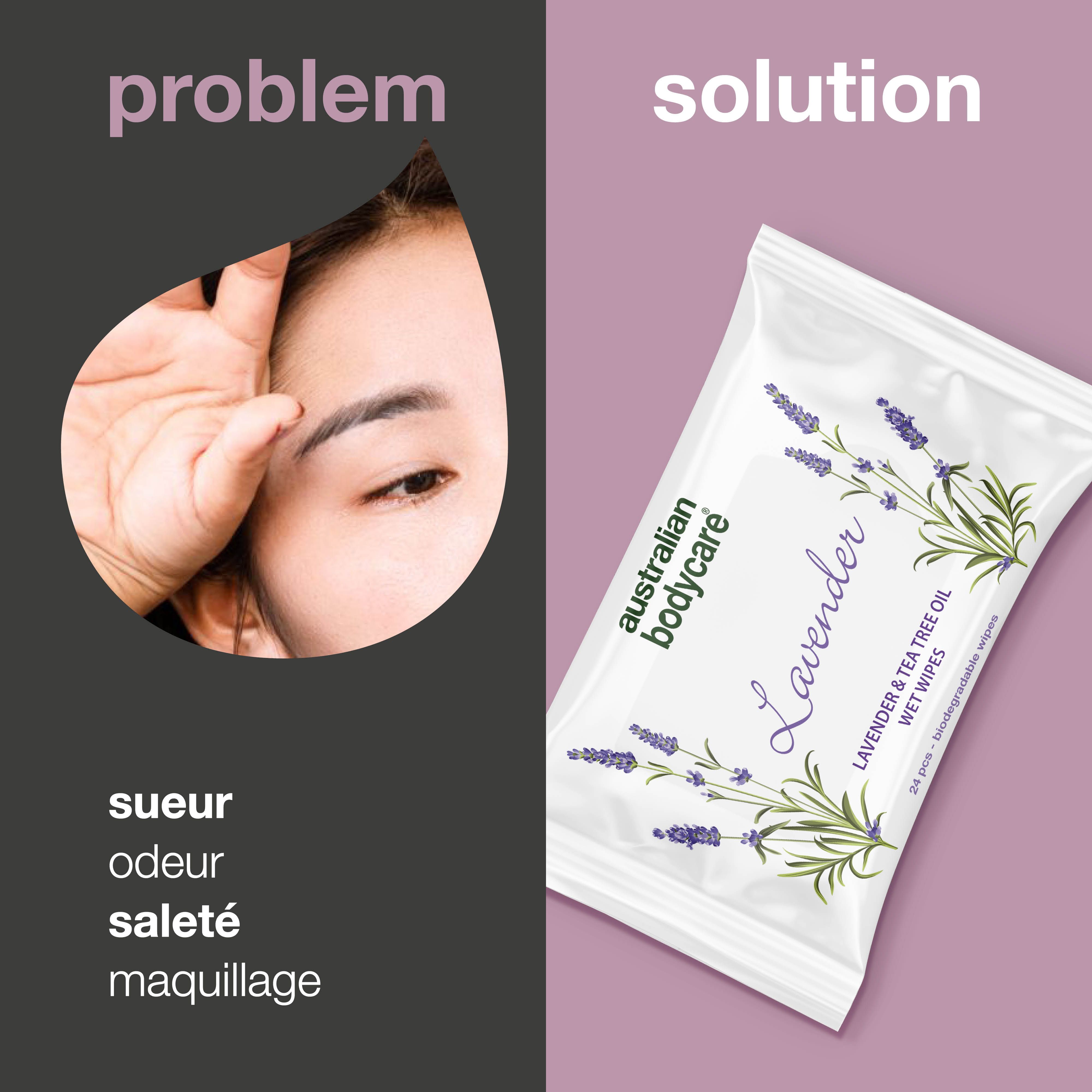 Visage avec problème: sueur, odeur, saleté, maquillage. Solution: lingettes avec "australian bodycare".